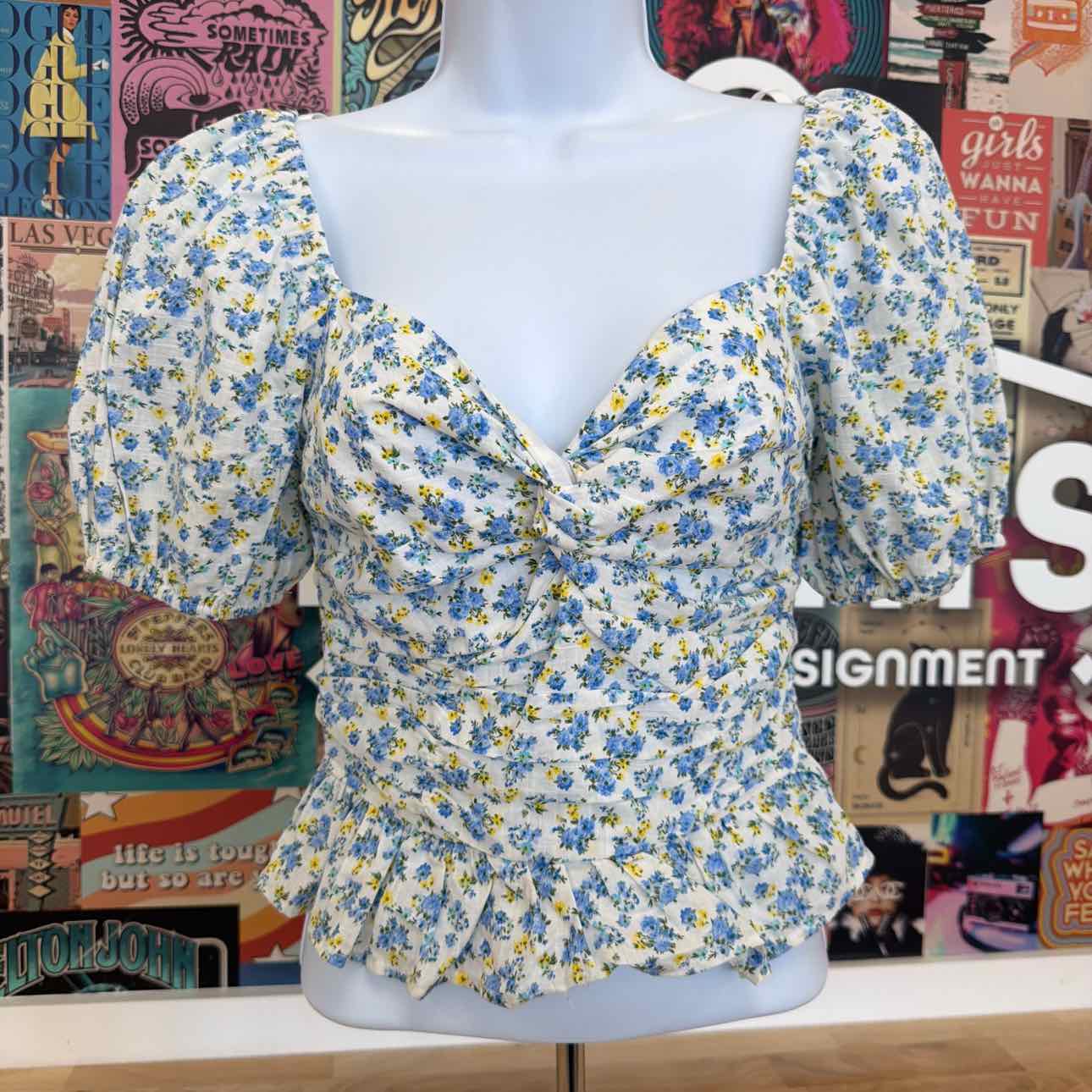 kingston grey SizeXS Printed Sweetheart-Neck Puff-Sleeve Top