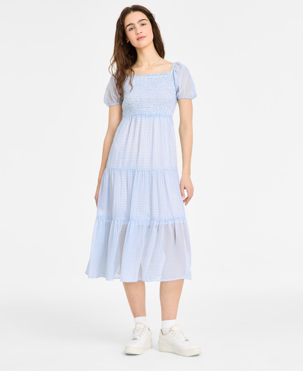 Celebrity Pink Juniors' Smocked Puff-Sleeve MIDI Dress - Blue Gingham