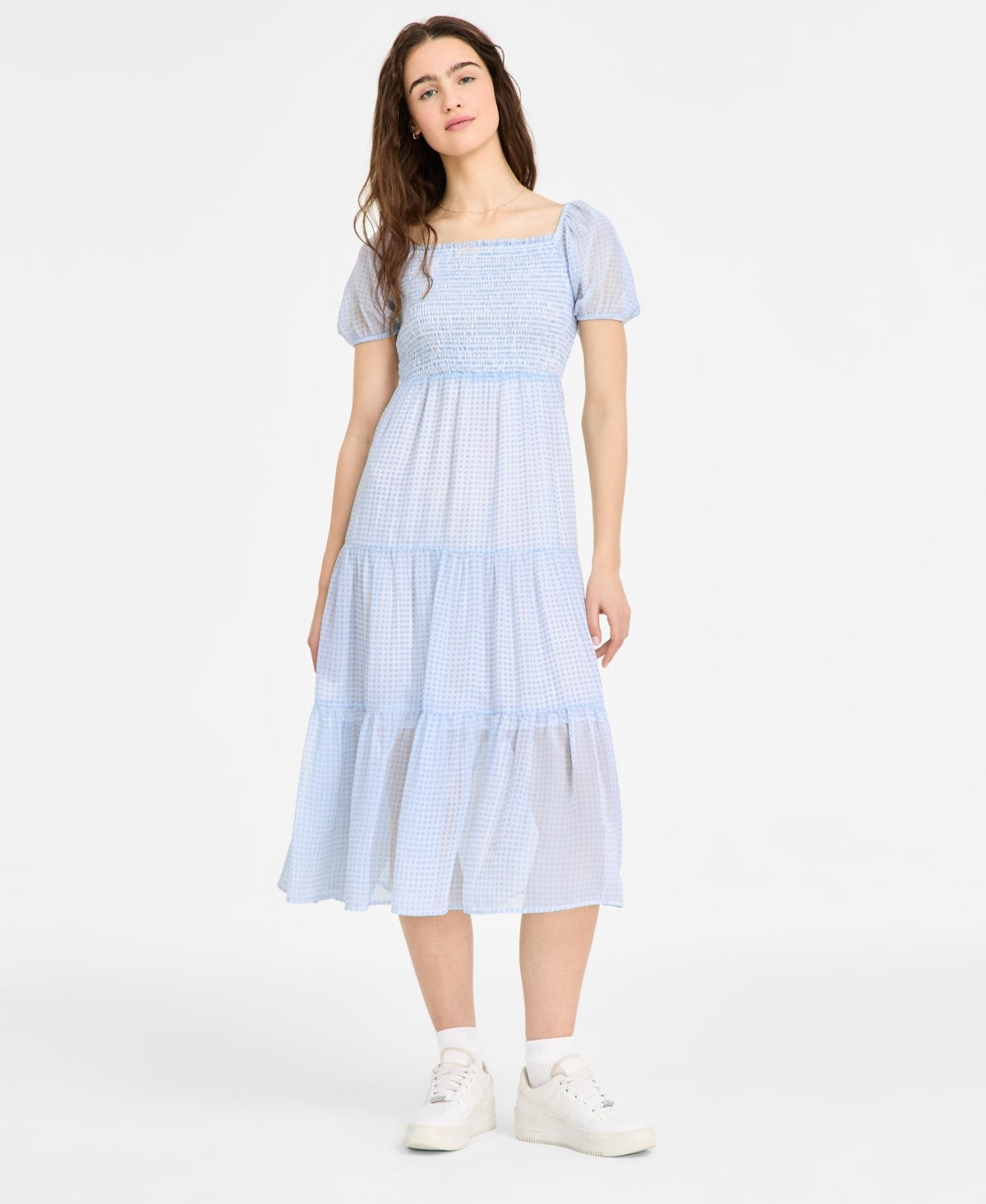 Celebrity Pink Juniors' Smocked Puff-Sleeve MIDI Dress - Blue Gingham