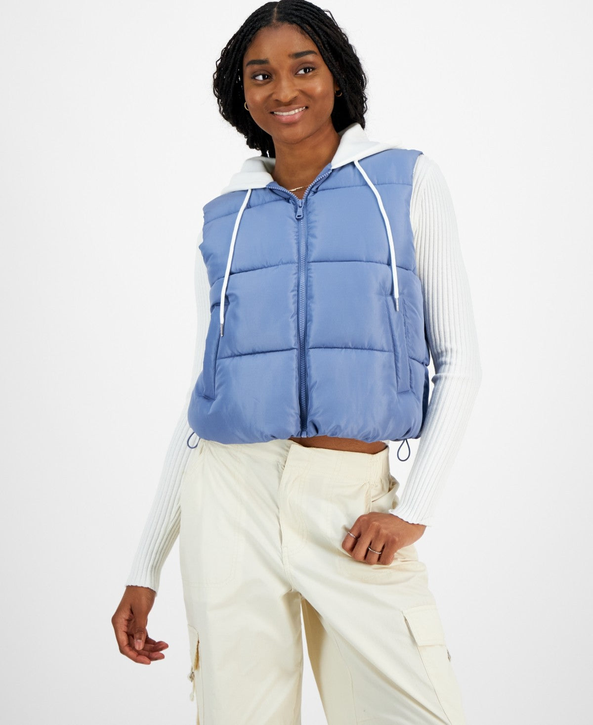 Madden Girl Size M Juniors' Hoodie Puffer Vest - Rustic Blue