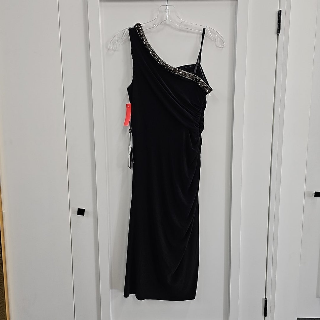 Adrianna Papell Size 4 Black Beaded One Shoulder Dress