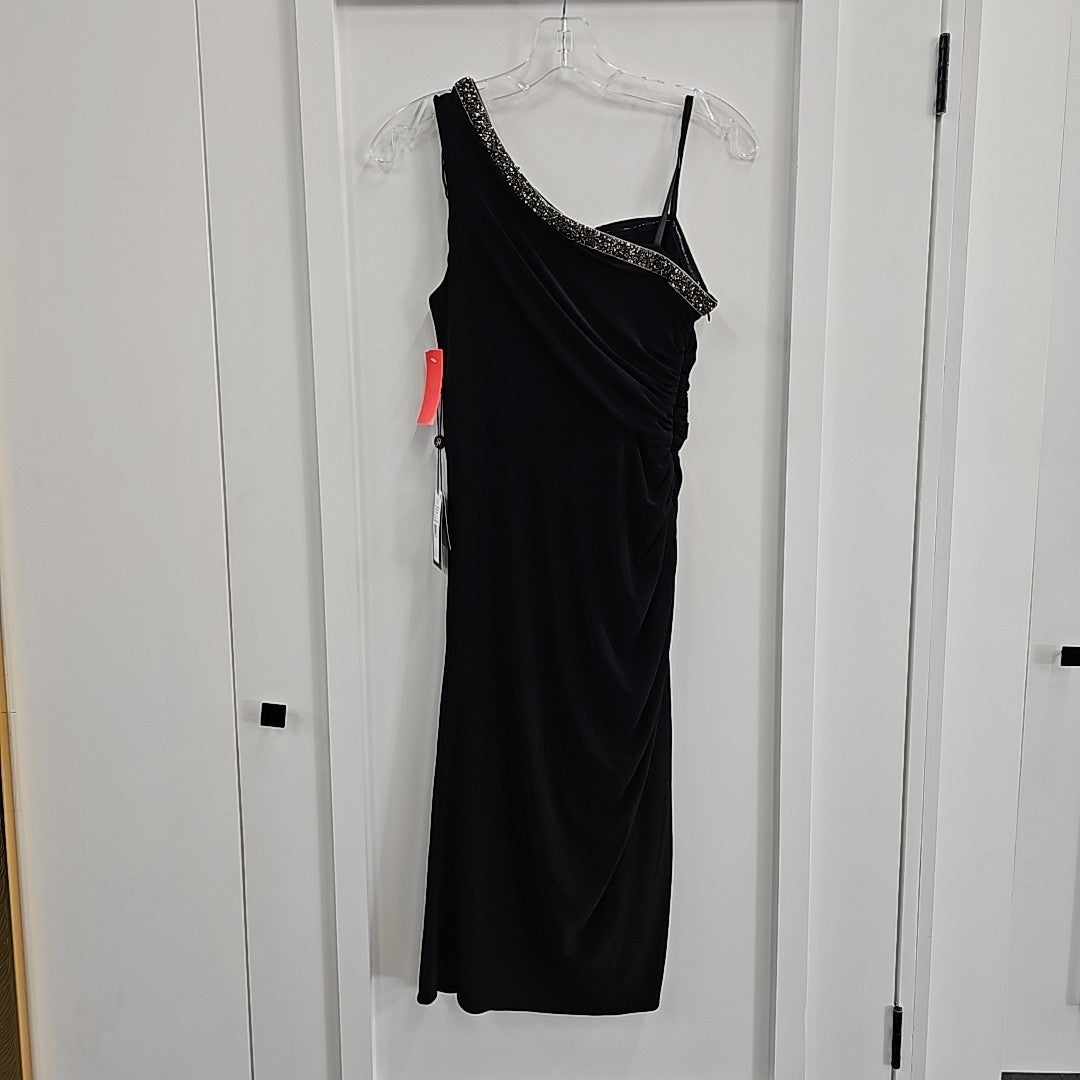 Adrianna Papell Size 4 Black Beaded One Shoulder Dress