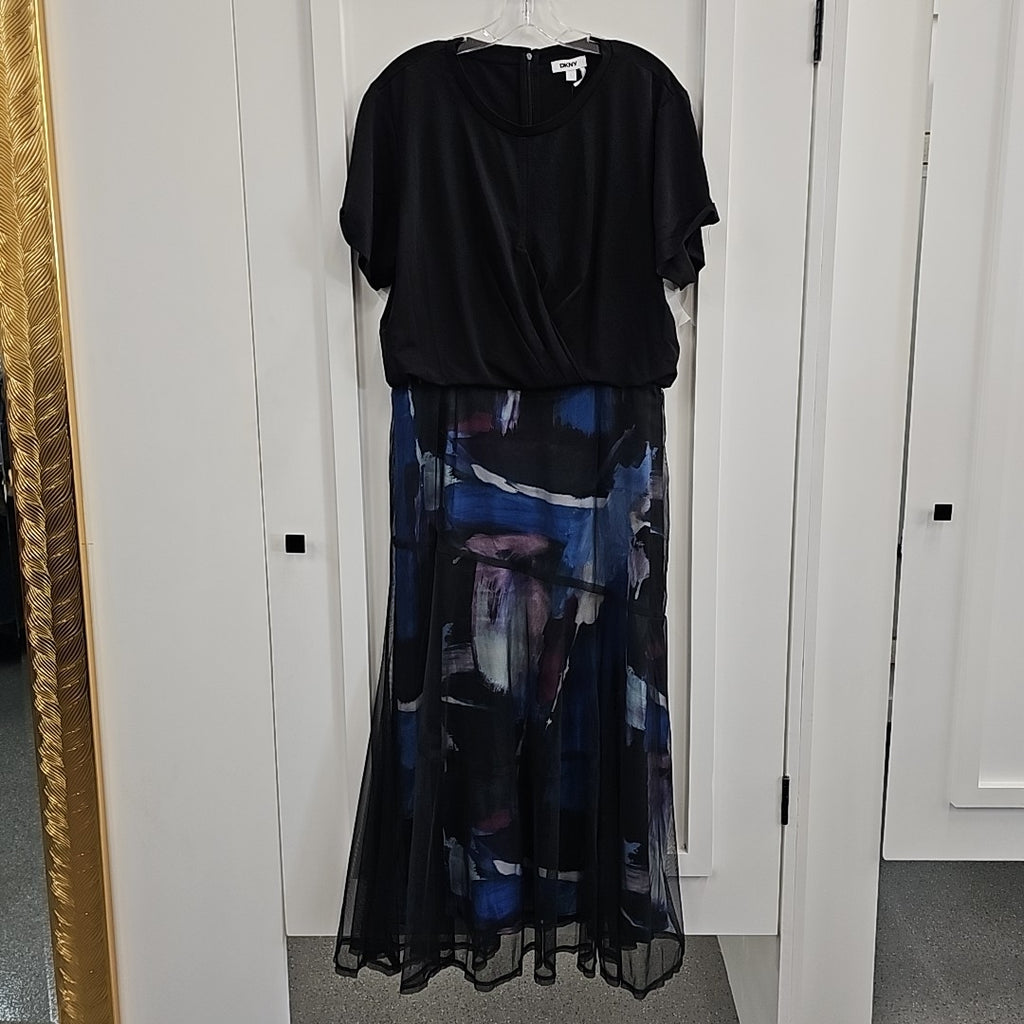 DKNY Womens Mixed-Media Printed-Sk Blue Brush Stroke Dress