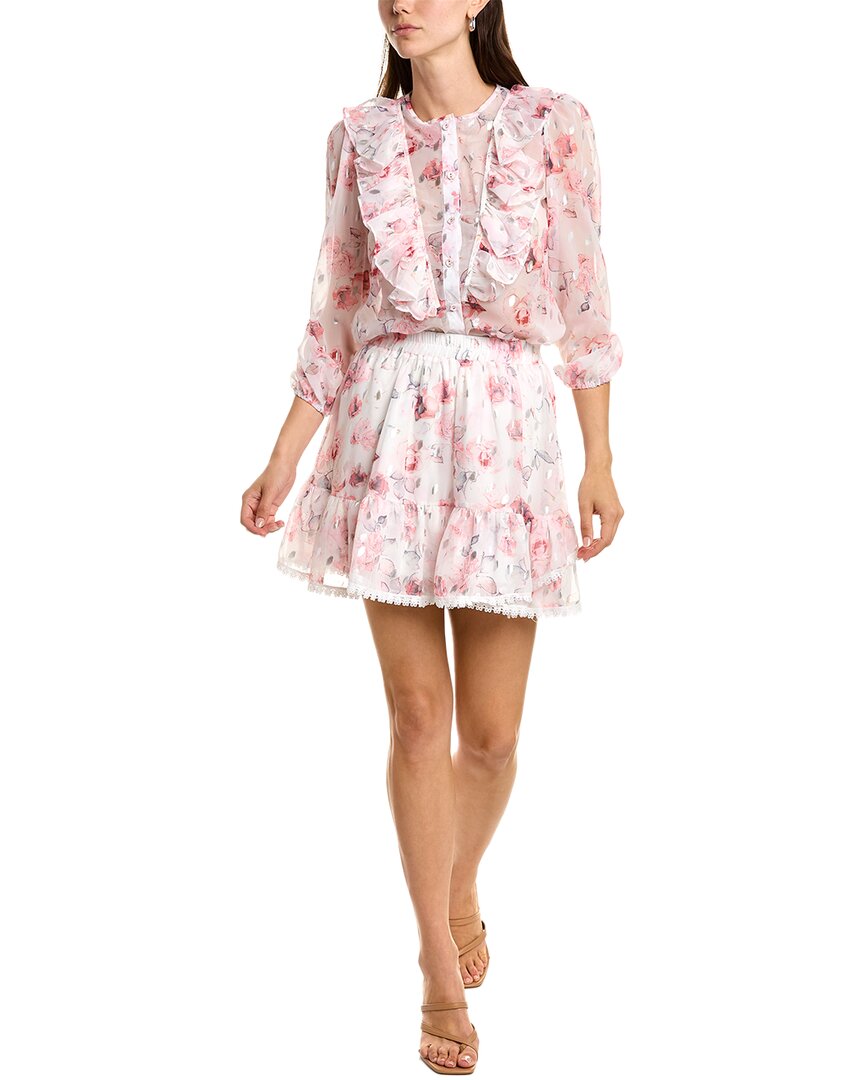 Beulah Size S Pink Print 2 pc Cascade Ruffle Neck Bishop Sleeve Top & Skirt NWT