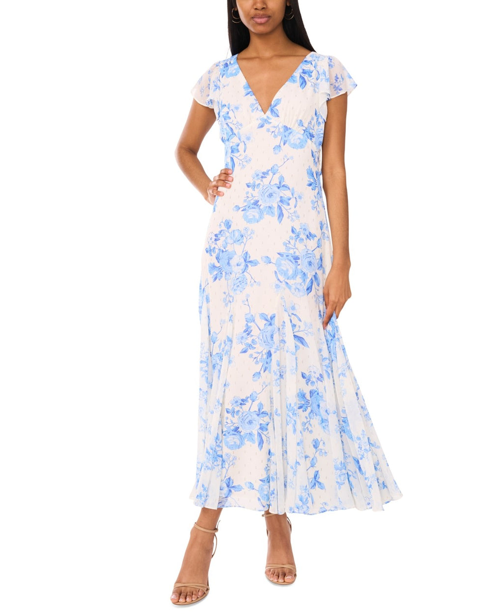 CeCe Women's Printed V-Neck Flutter-Sleeve Chiffon Dress - Blue Air