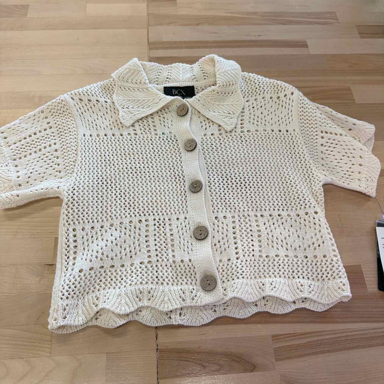 Bcx Juniors' Short-Sleeve Scalloped Cardigan Sweater - Ivory