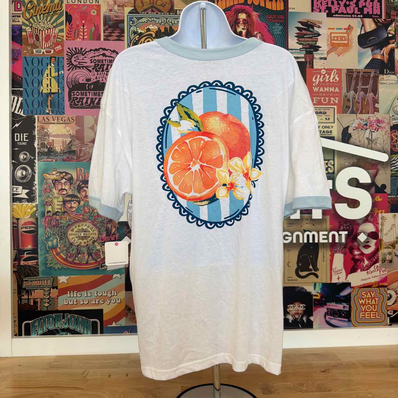 Rebellious One Size XL Orange Graphic Short-Sleeve T-Shirt - White/Baby Blue