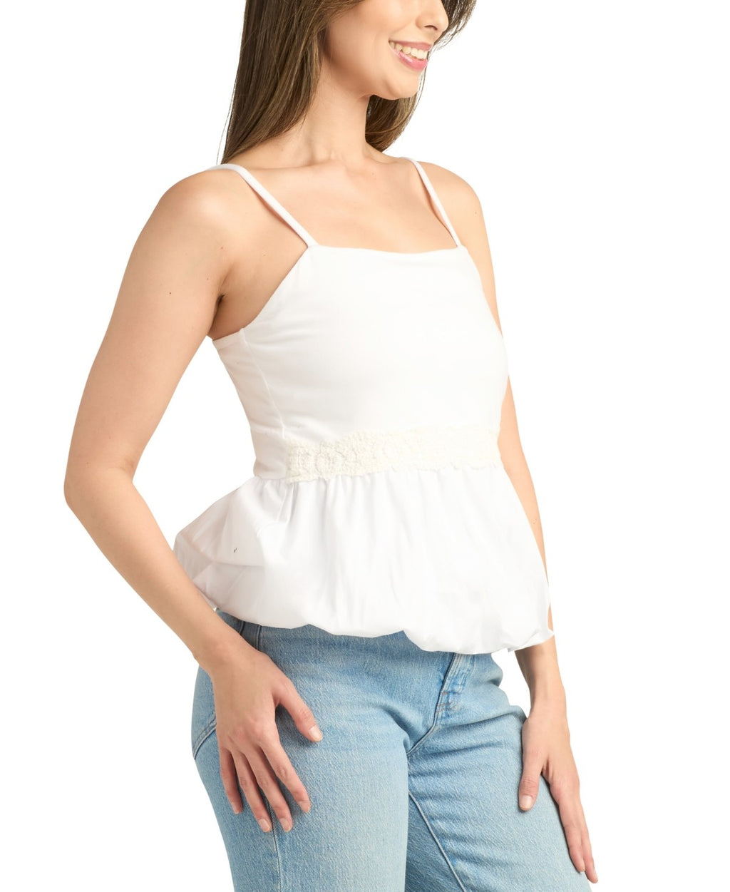 BCX Size XL Poplin Bubble-Peplum Square-Neck Top - Off White NWT