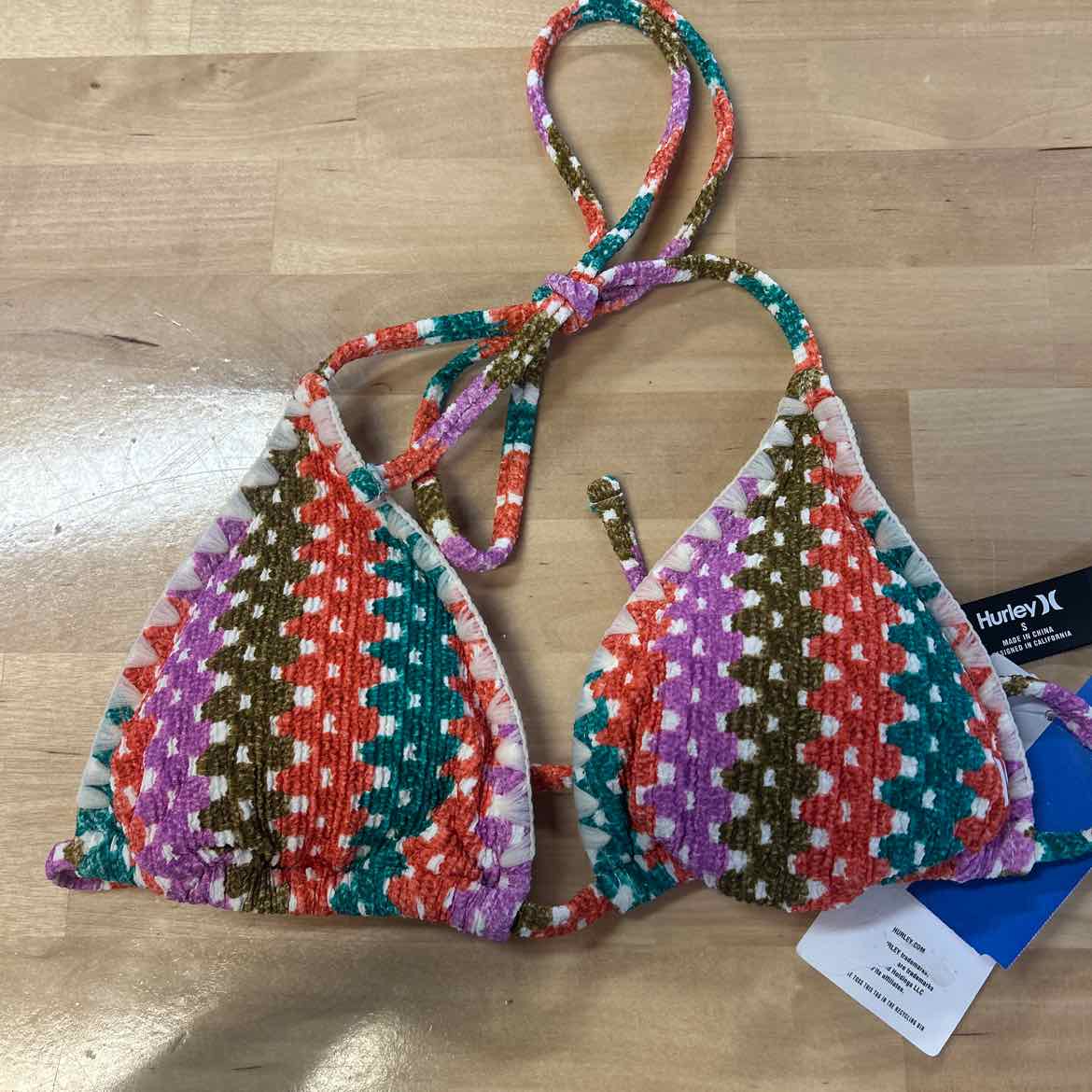 Hurley Size S Printed Stripe Crochet Scrunch Classic Tri Womens Bikini Top