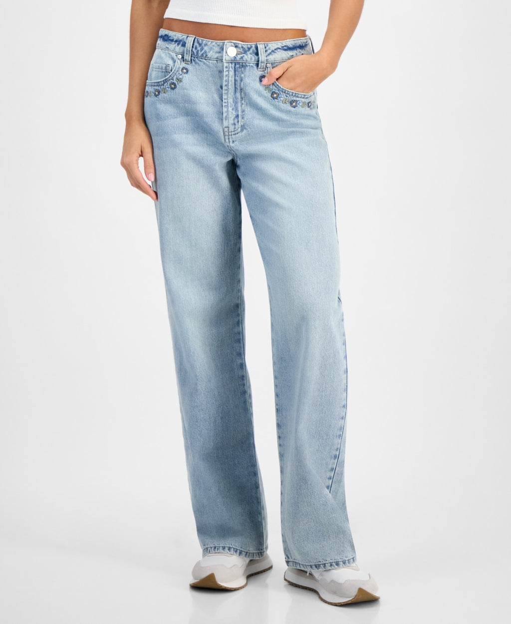 Indigo Rein Juniors' High-Rise Embroidered Wide-Leg Jeans - Light Blue - 9
