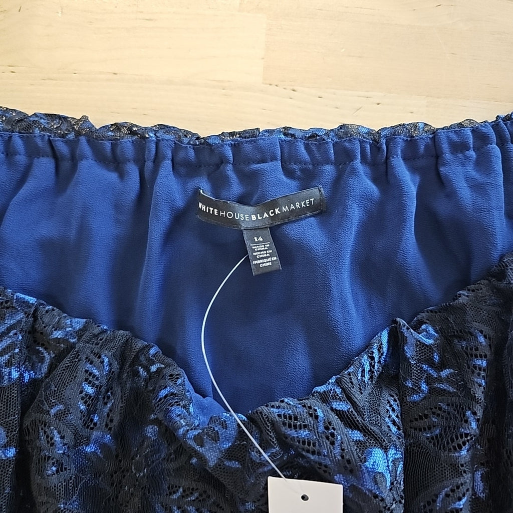 WHBM Size 14 Blue Black Hannie Lace OTS Blouse