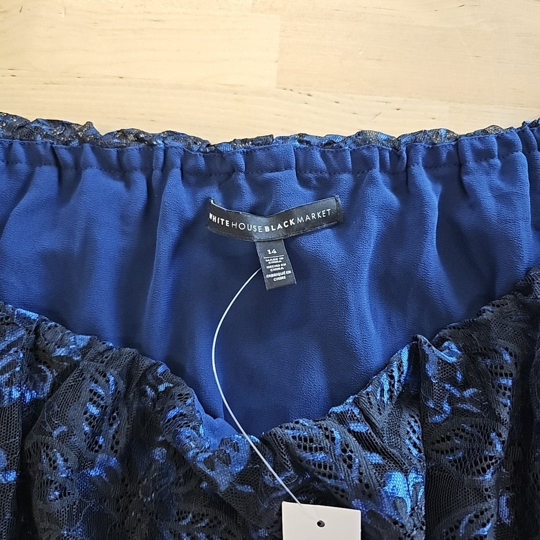 WHBM Size 14 Blue Black Hannie Lace OTS Blouse