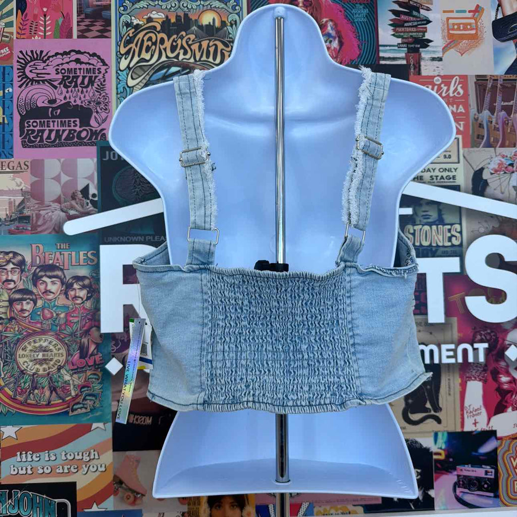 TINSELTOWN Size XL Fray-Trimmed Cropped Denim Corset-Style Top - Light Wash