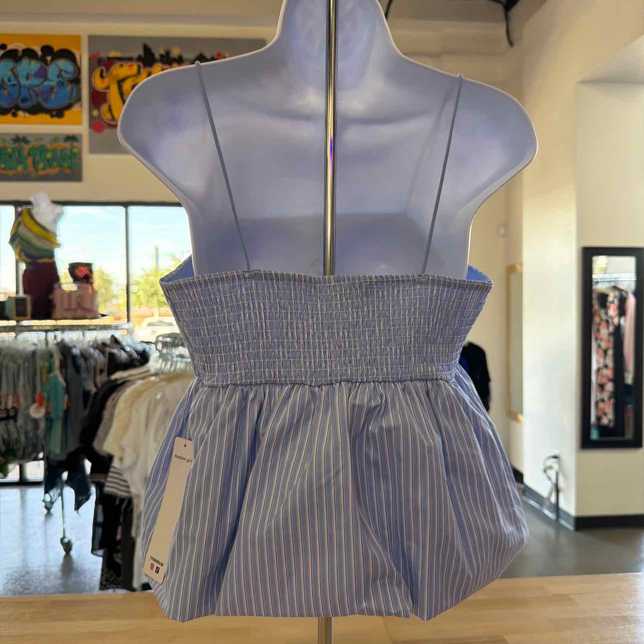 Madden Girl Juniors' Poplin Bubble Tank Top - Blue/White Stripe