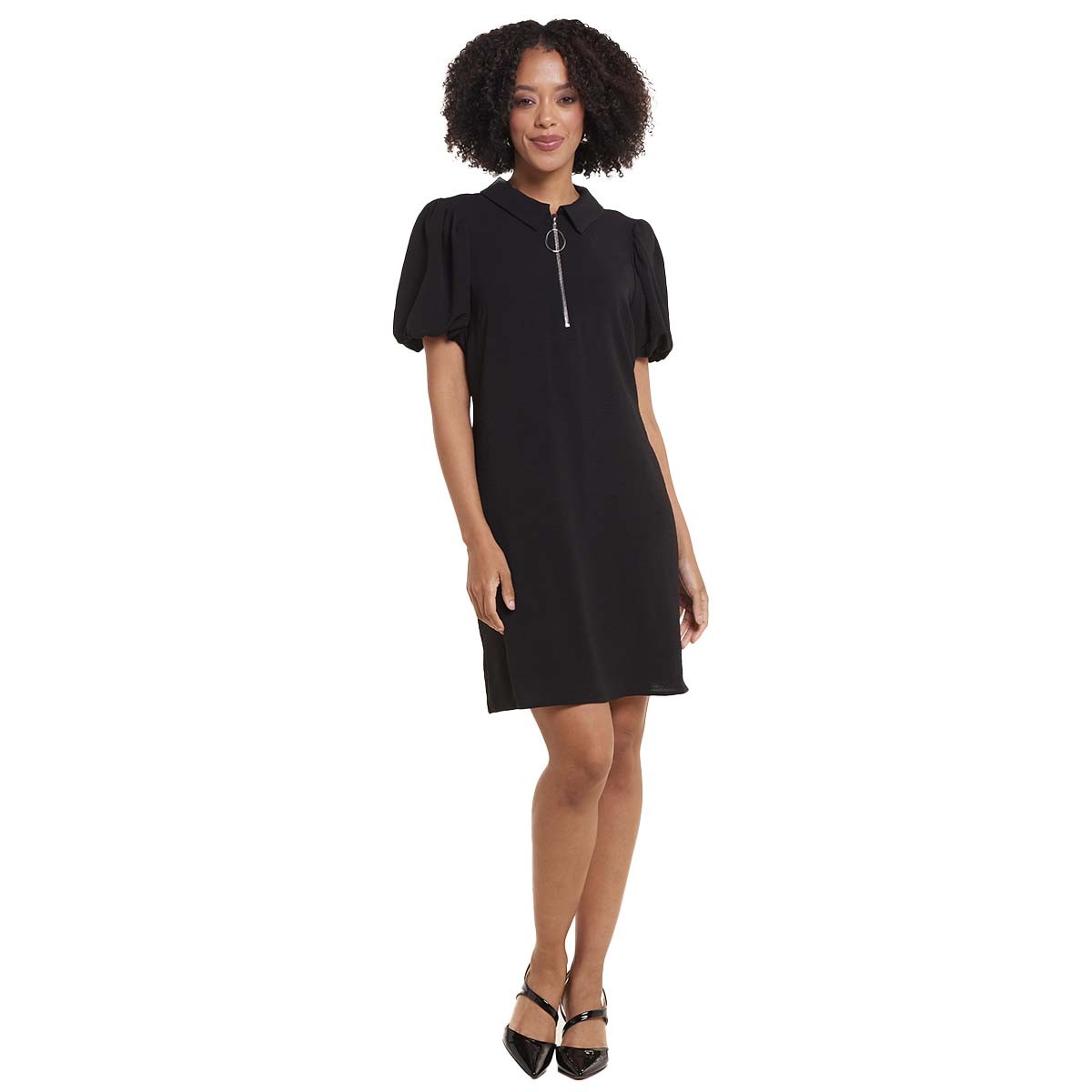 Msk Women's Collared Zip-Neck Puff-Sleeve Dress - Black 001