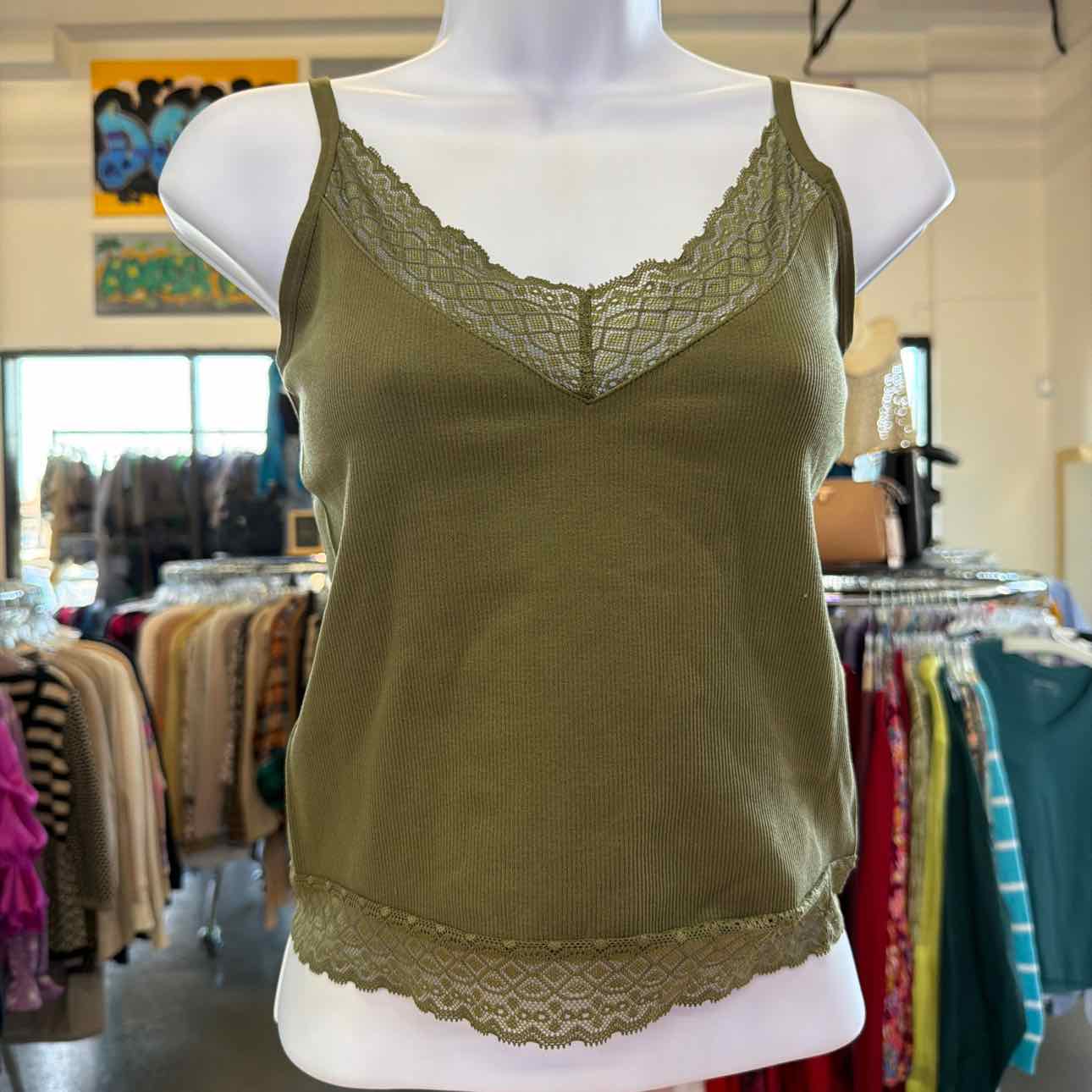 Self Esteem Womens Lace Trimmed Cami Tank Top Green Juniors L/XL