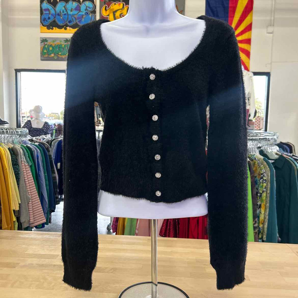 Planet Heart Womens Button Fuzzy Eyelash Cardigan Sweater Black Size S NWT