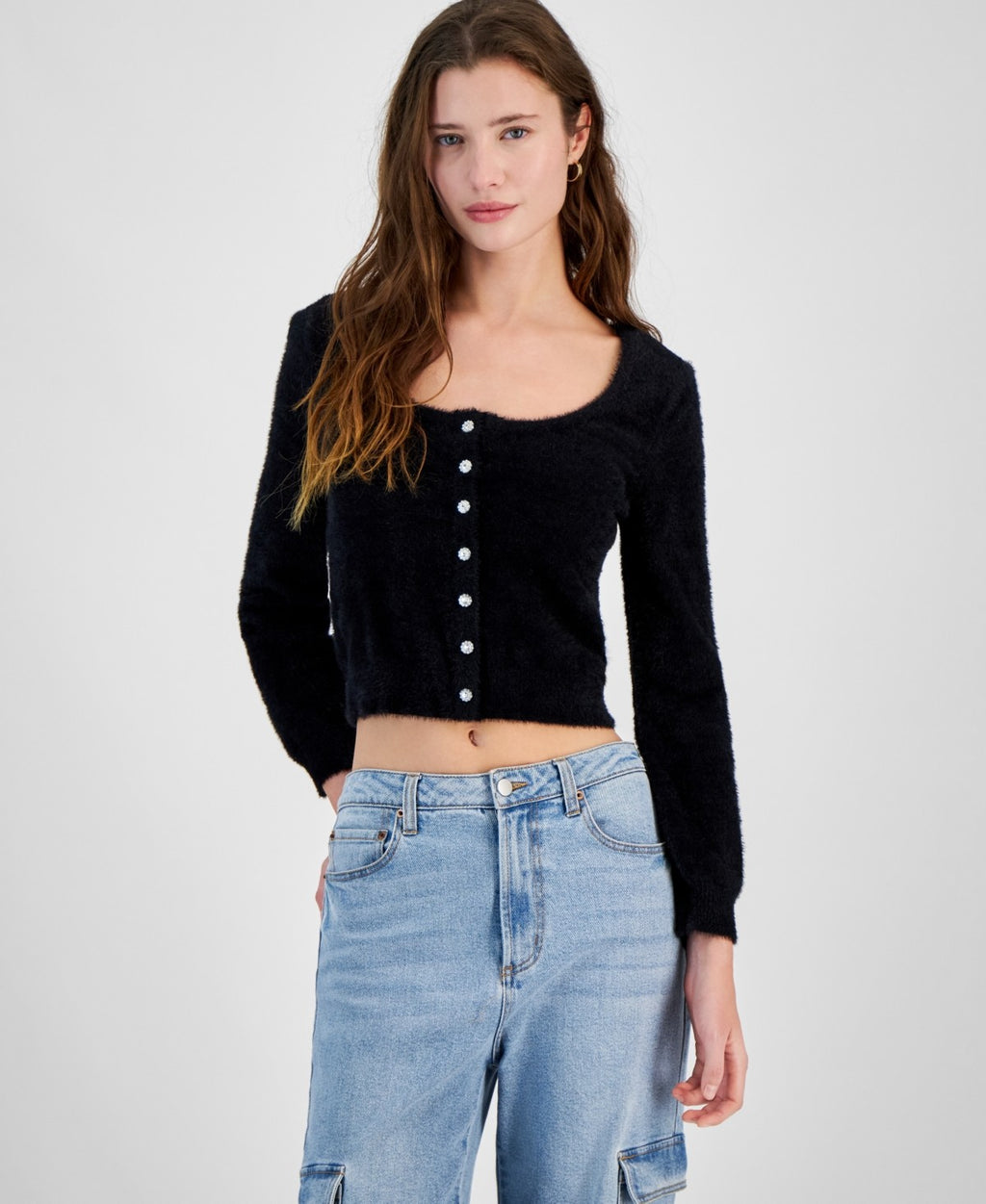 Planet Heart Womens Button Fuzzy Eyelash Cardigan Sweater Black Size S NWT