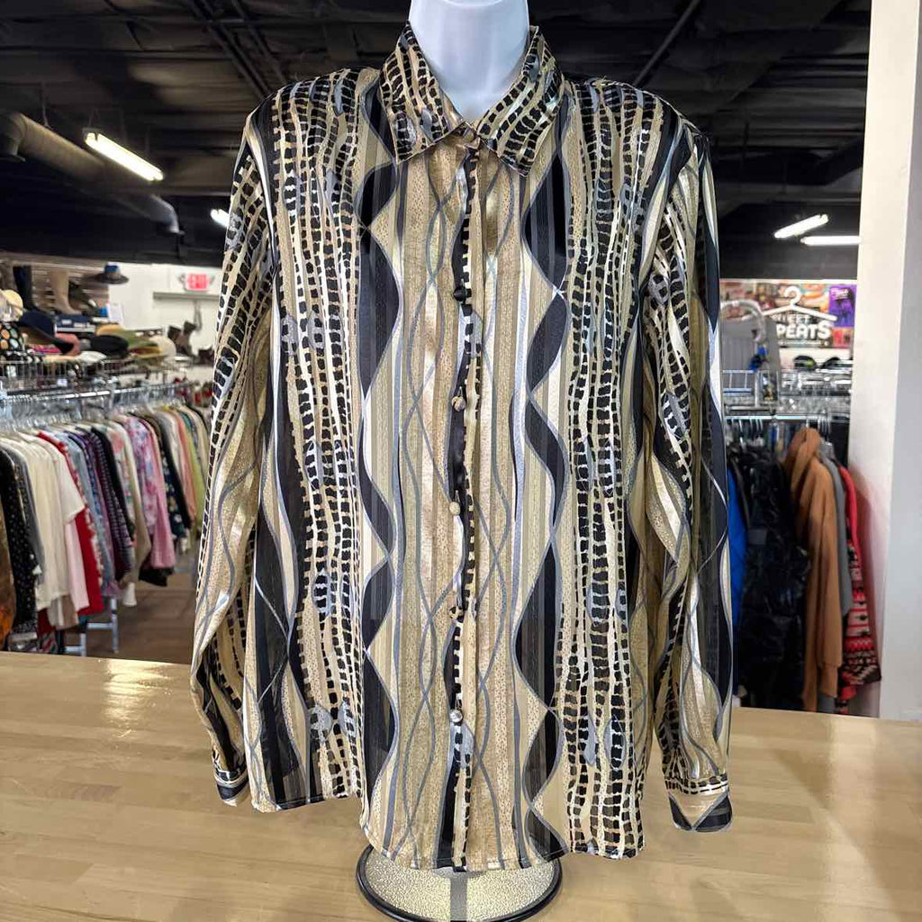 Size 16 Beige Black Preloved Button Down LS