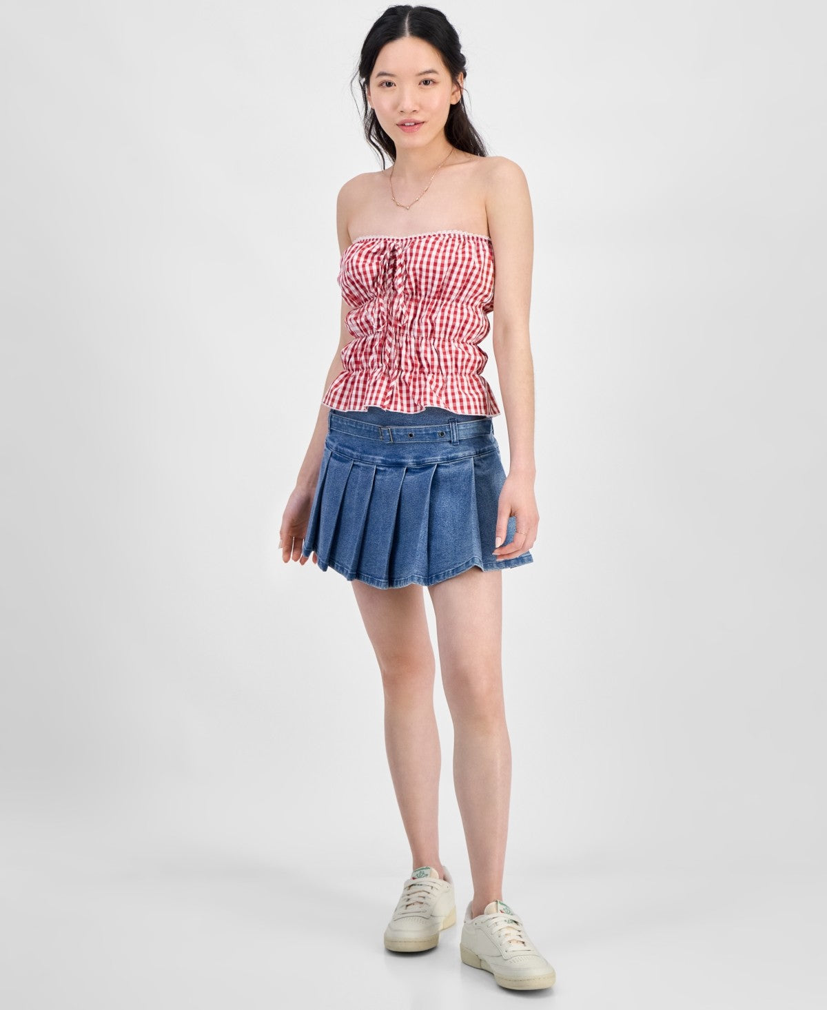 Rebellious One Size S Gingham Shirred Strapless Top - High Risk Red