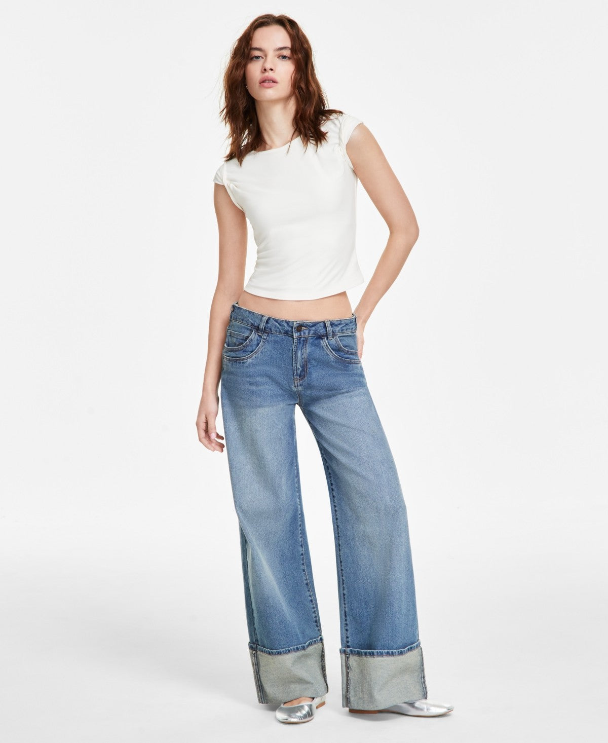 Madden Girl Juniors' High-Rise Slouchy Wide-Leg Cuffed Jeans - Medium Wash - 5
