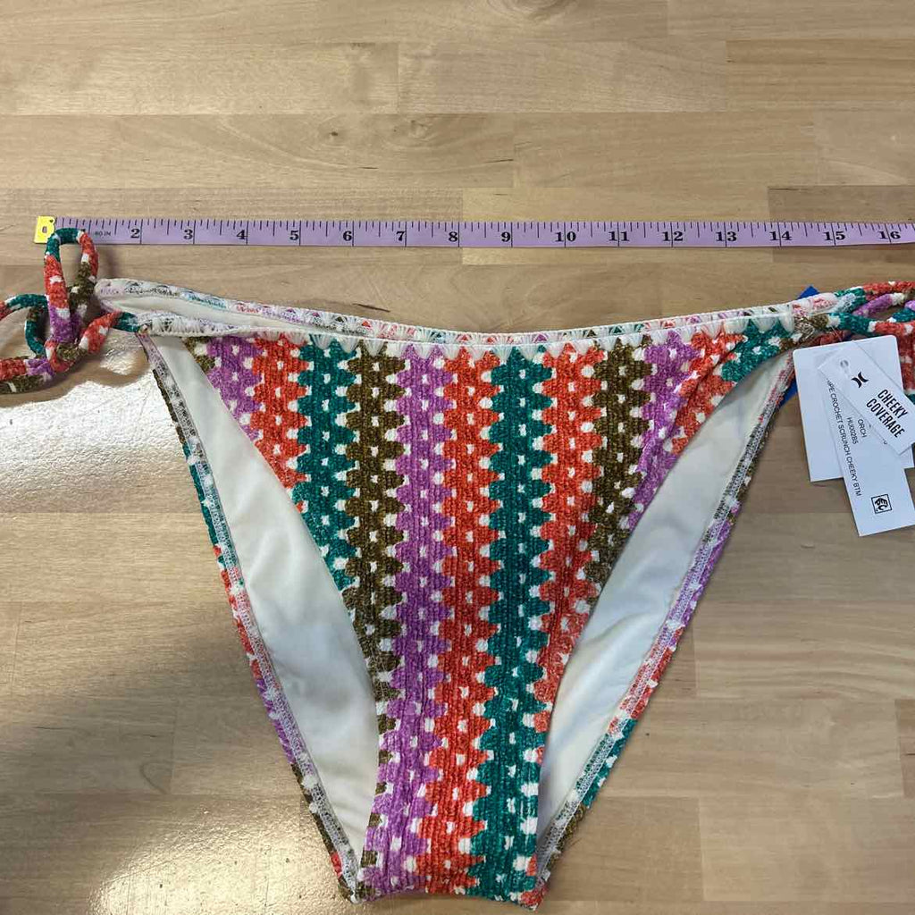 Hurley Size L Printed Stripe Crochet Scrunch Cheeky Tie Side Bikini Bottoms