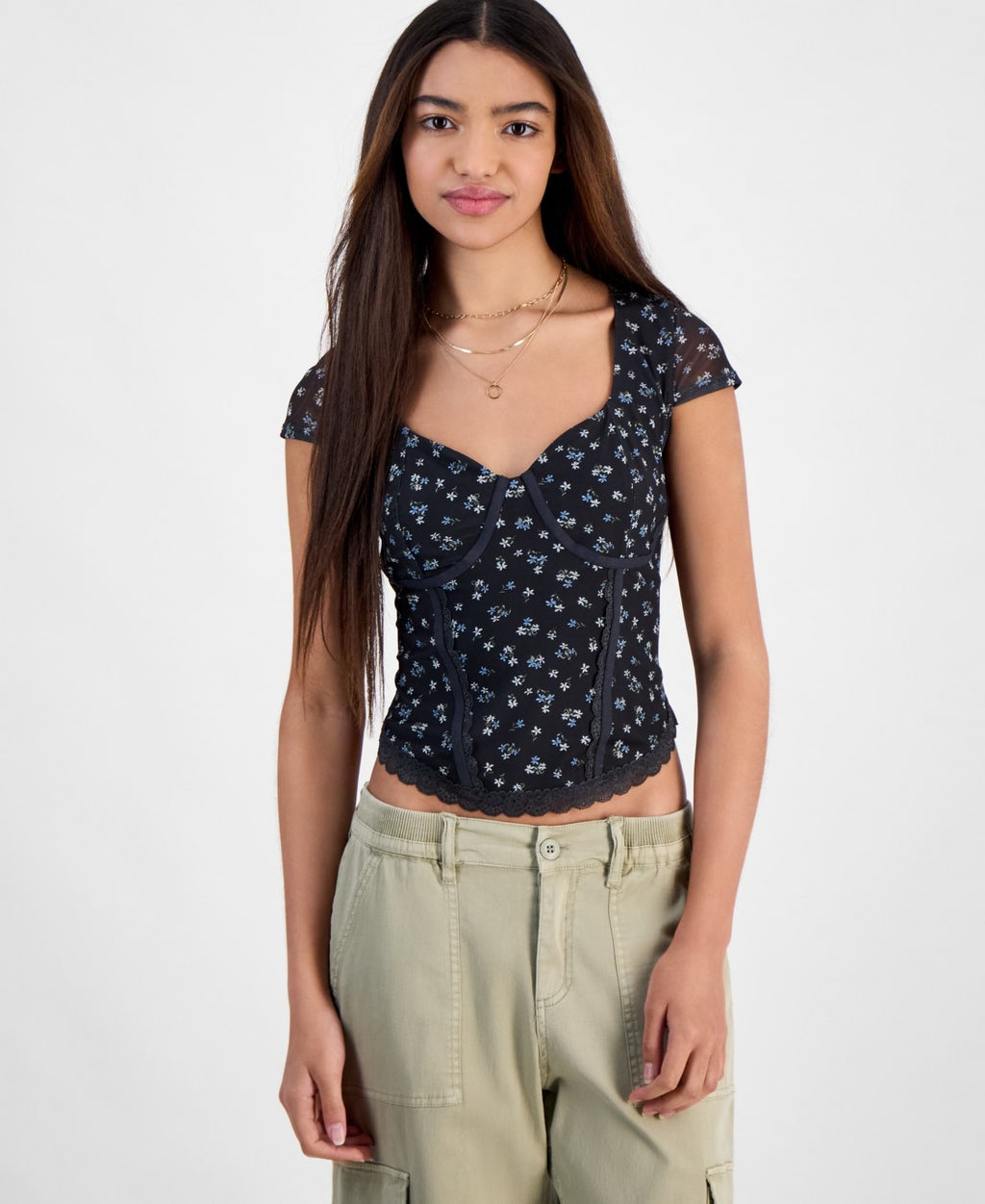 Hippie Rose Juniors' Corset Short-Sleeve Mesh Top - Black Ditsy