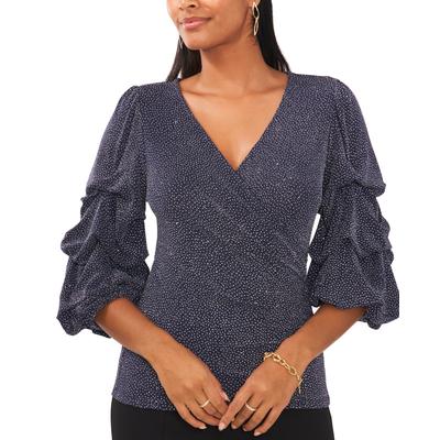 MSK Size L Blue Silver Surplice Neckline Ruffle Sleeve Blouse NWT