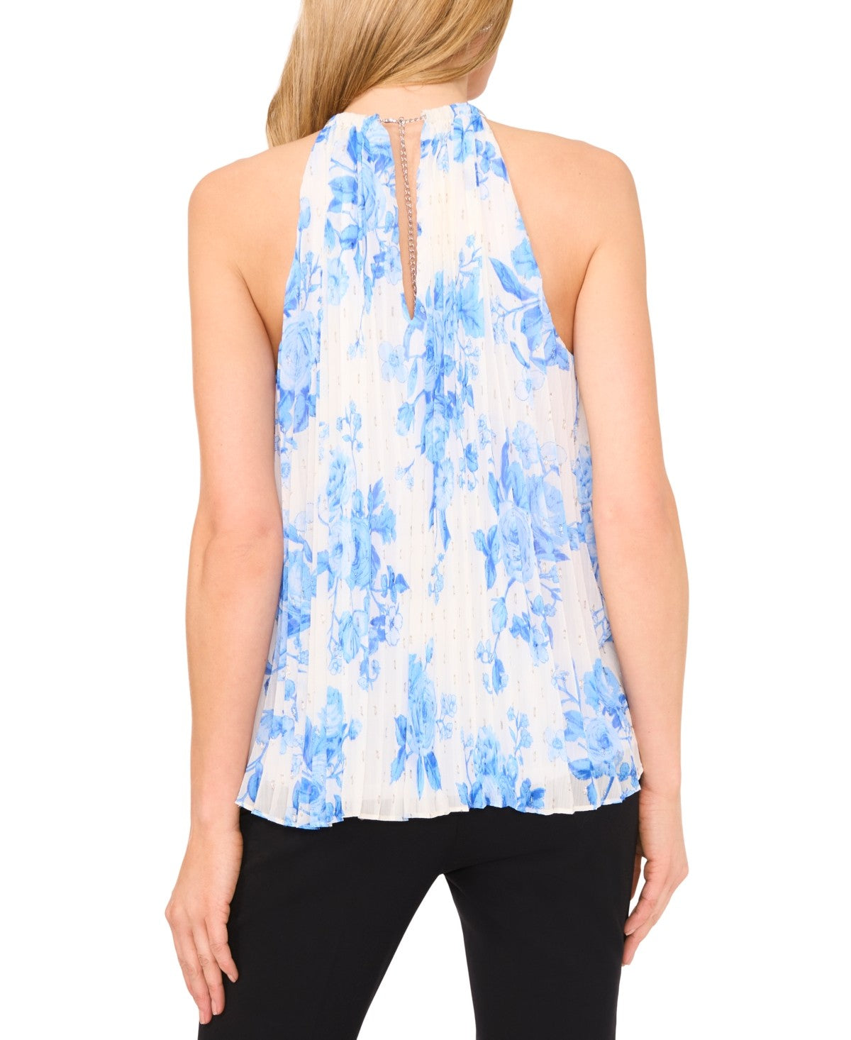 MKS Size XL Floral-Print Pleated-Chiffon Halter Top - Airy Blue NWT