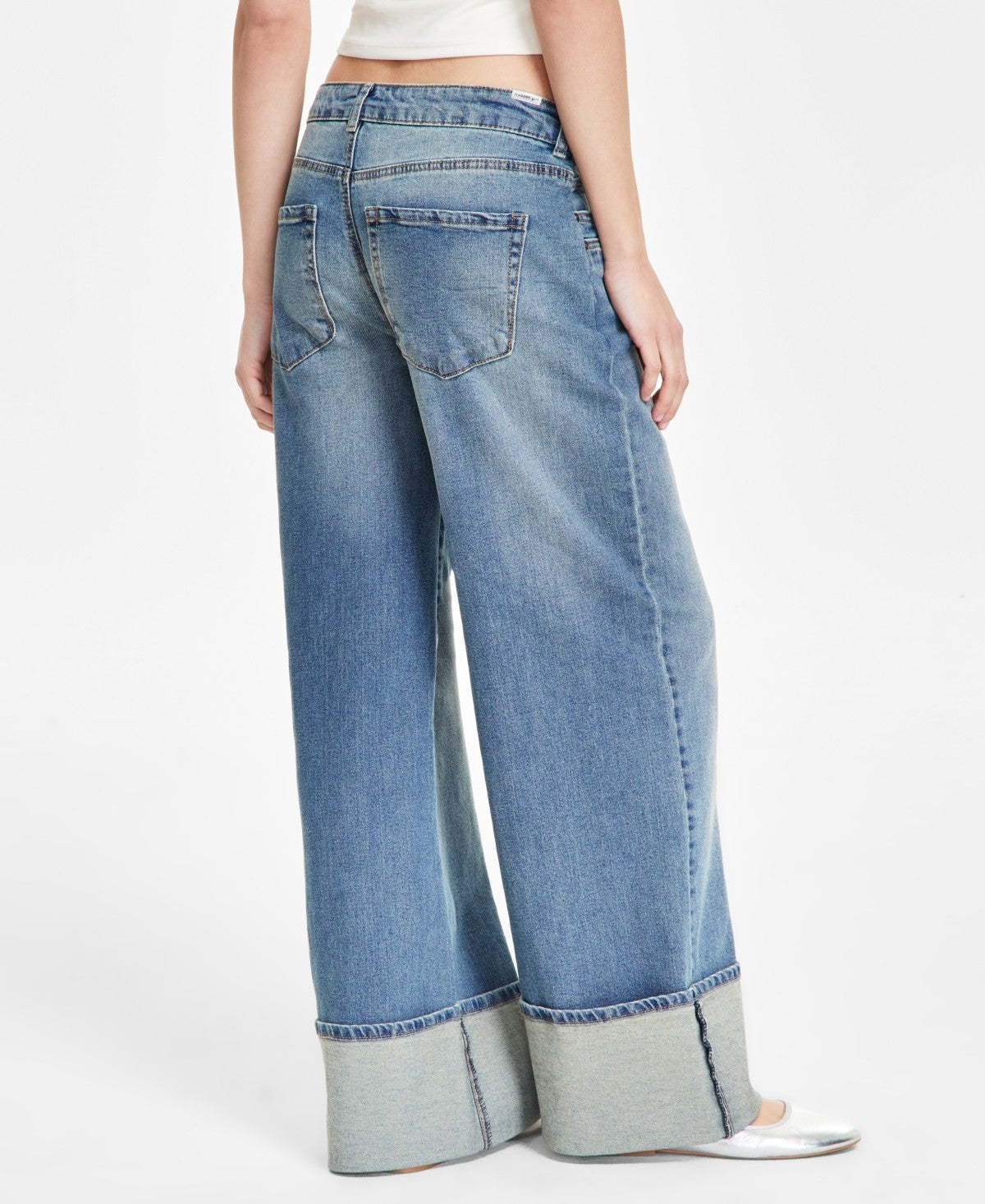 Madden Girl Juniors' High-Rise Slouchy Wide-Leg Cuffed Jeans - Medium Wash - 5