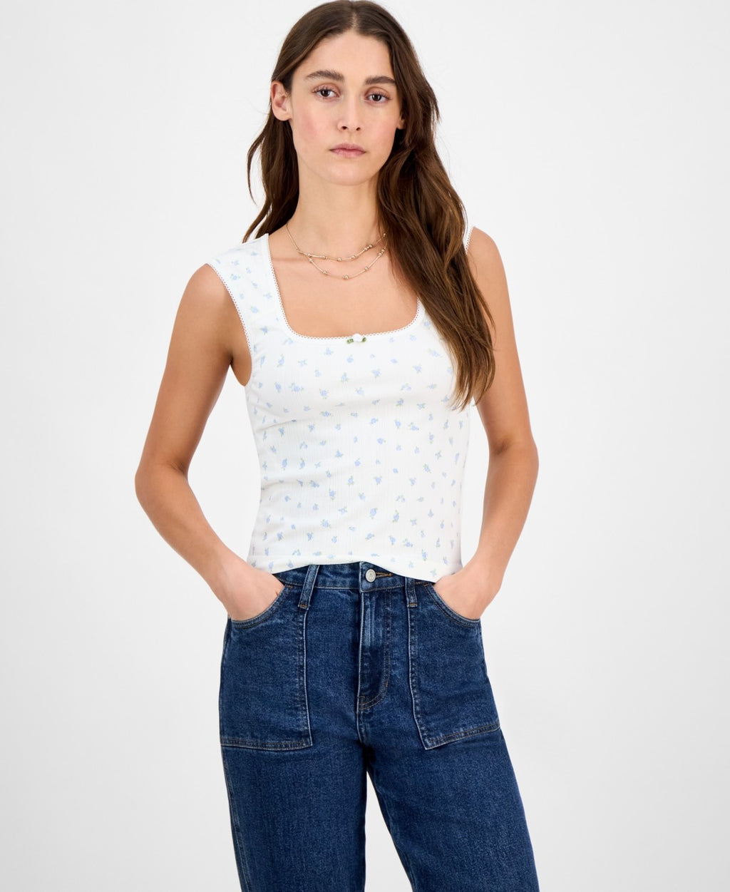 hippie rose Size L Pointelle Ditsy Print Seamless Tank - White Ditsy