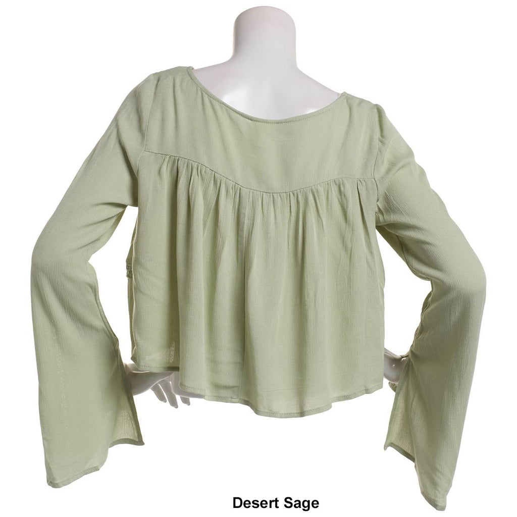 Juniors Self Esteem Gauze Bell Sleeve Button Front Blouse Top
