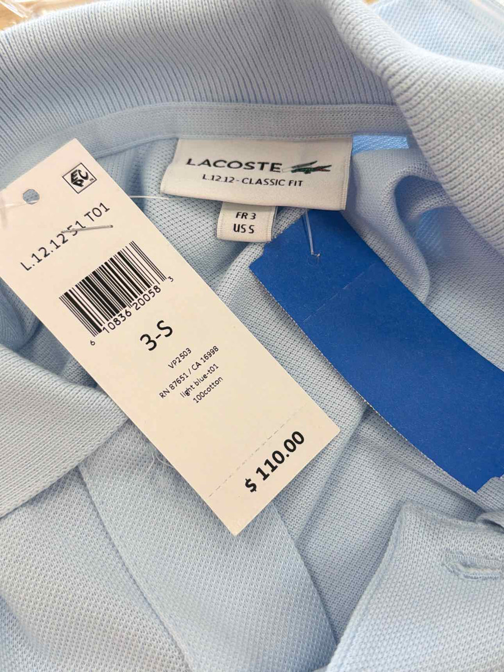 Lacoste Size S Original Cotton Pique Polo Light Blue