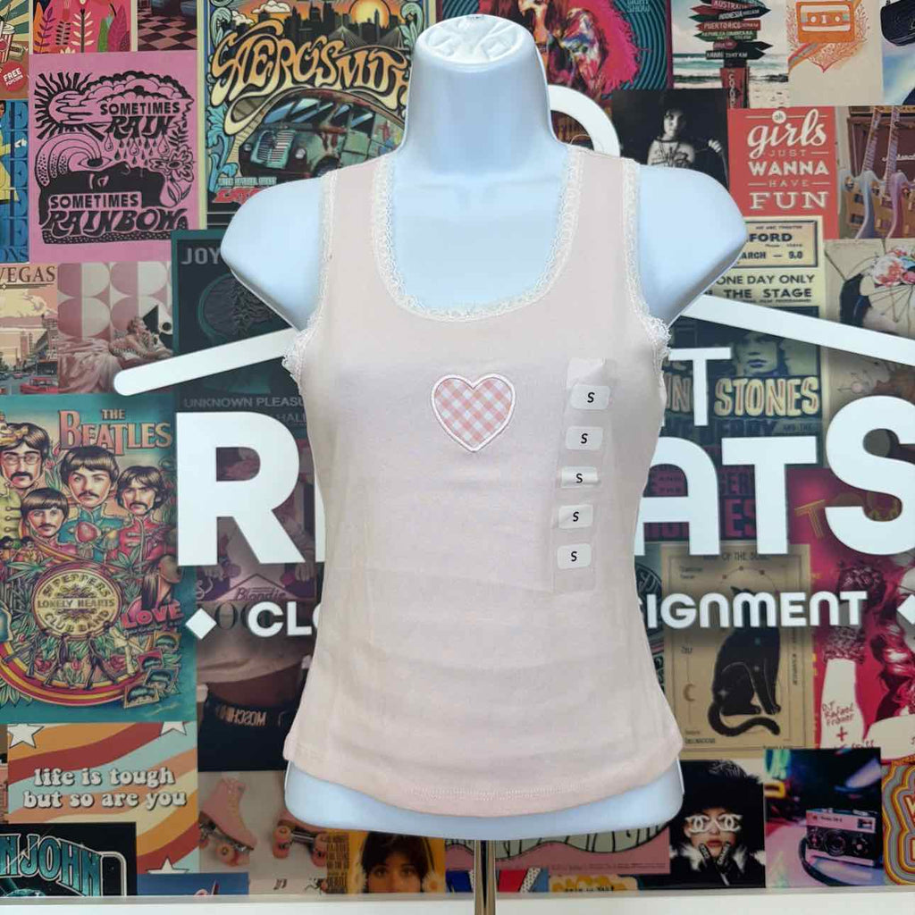 Just Polly Size S Gingham Heart Patch Lace-Trim Tank Top