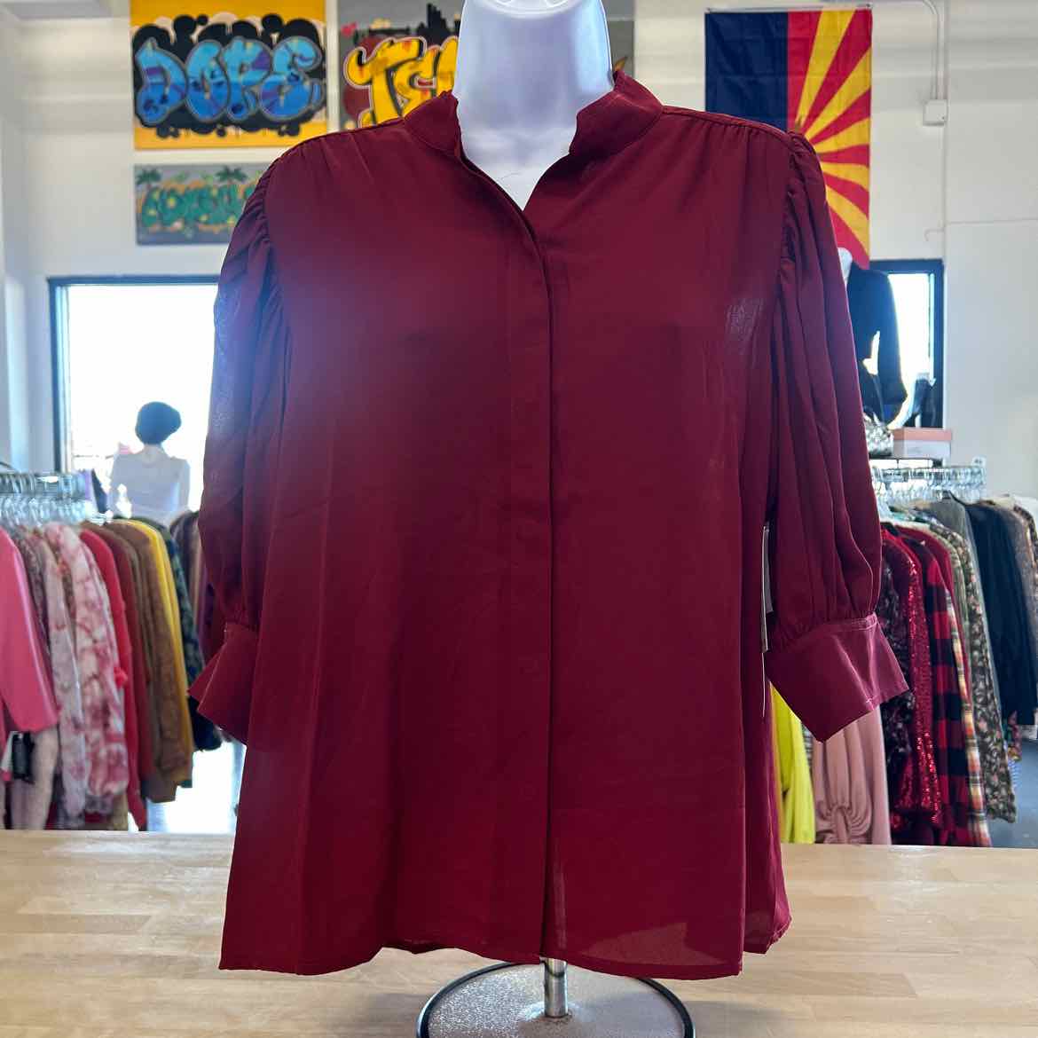 CeCe CeCe Womens 34-Sleeve Collar Mulberry Red