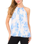 MKS Size XL Floral-Print Pleated-Chiffon Halter Top - Airy Blue NWT