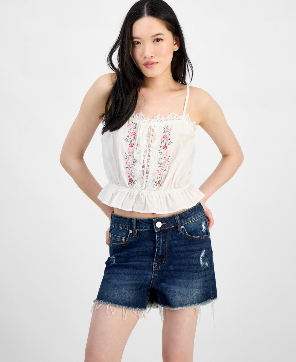 Self E Size L Lace-Trim Embroidered Peplum Tank Top