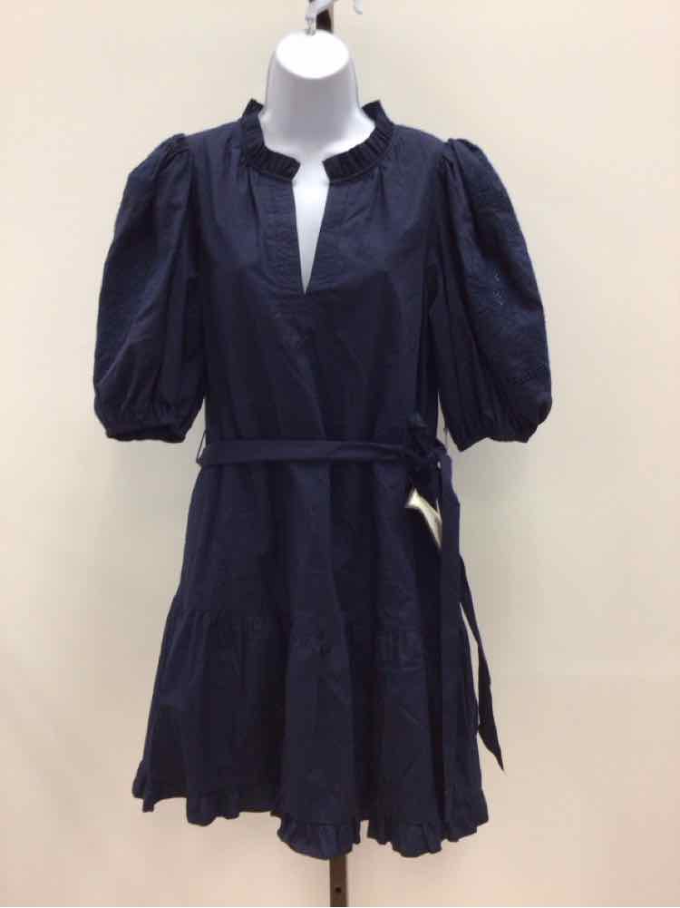 Vince Camuto Size 8 Split-Neck Elbow-Sleeve Cotton Dress - Navy