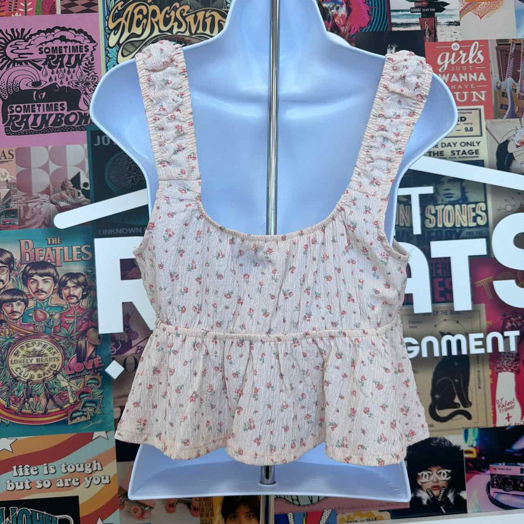 pink rose Size M Floral Printed Sleeveless Peplum Top - Blush Floral