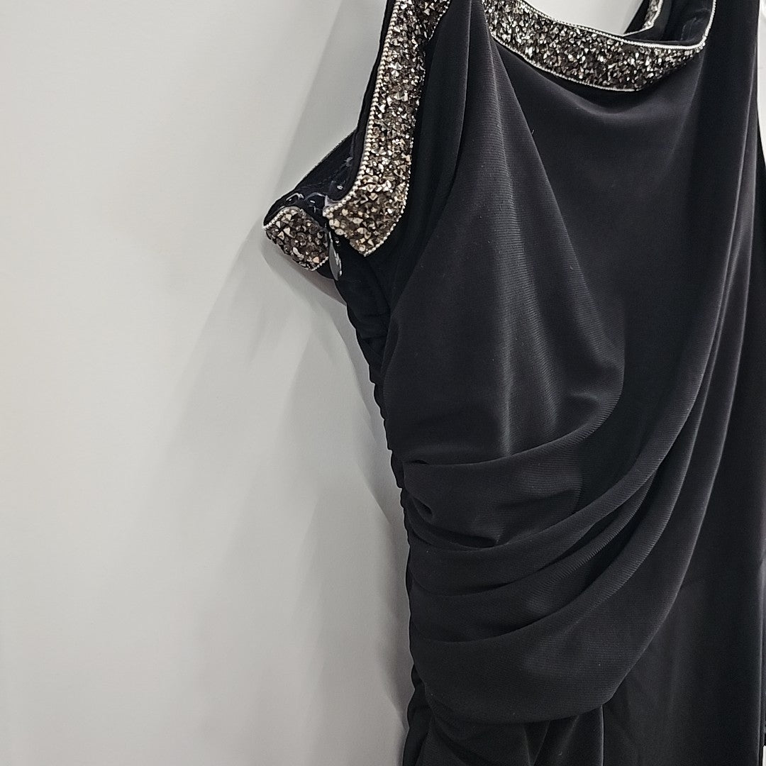 Adrianna Papell Size 4 Black Beaded One Shoulder Dress