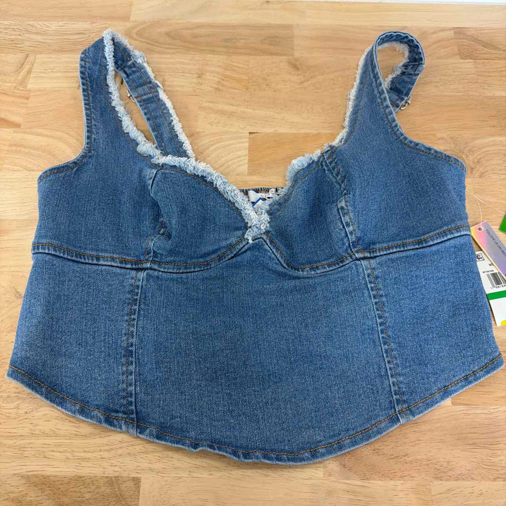 TINSELTOWN Size L Blue Fray-Trimmed Cropped Denim Corset-Style Top