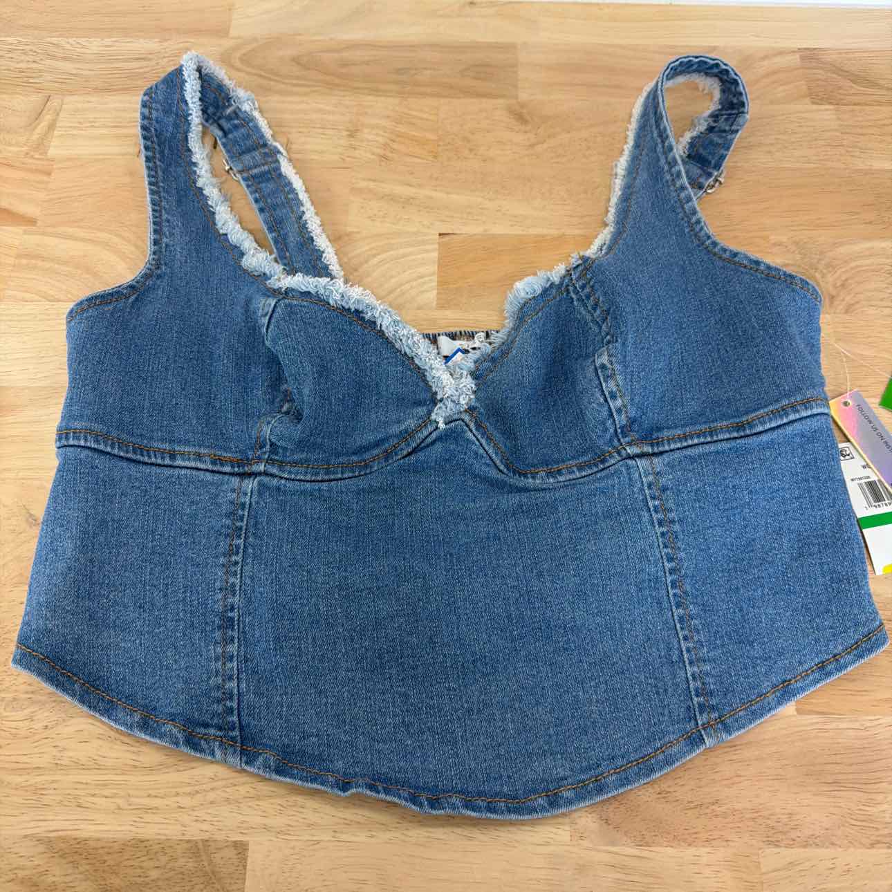 TINSELTOWN Size L Blue Fray-Trimmed Cropped Denim Corset-Style Top