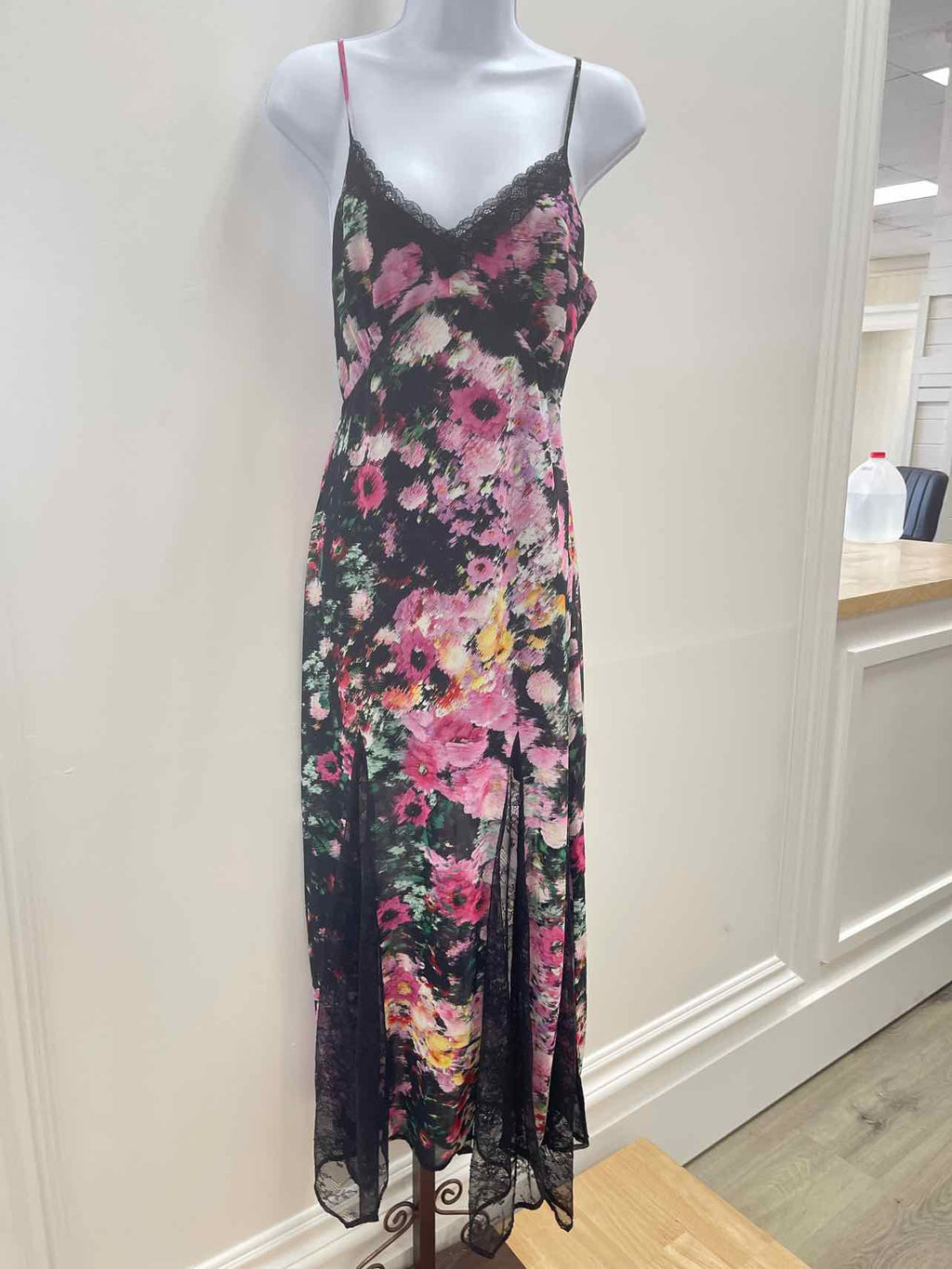 Steve Madden Size S Delia Printed Lace-Trim Maxi Dress - Black Multi