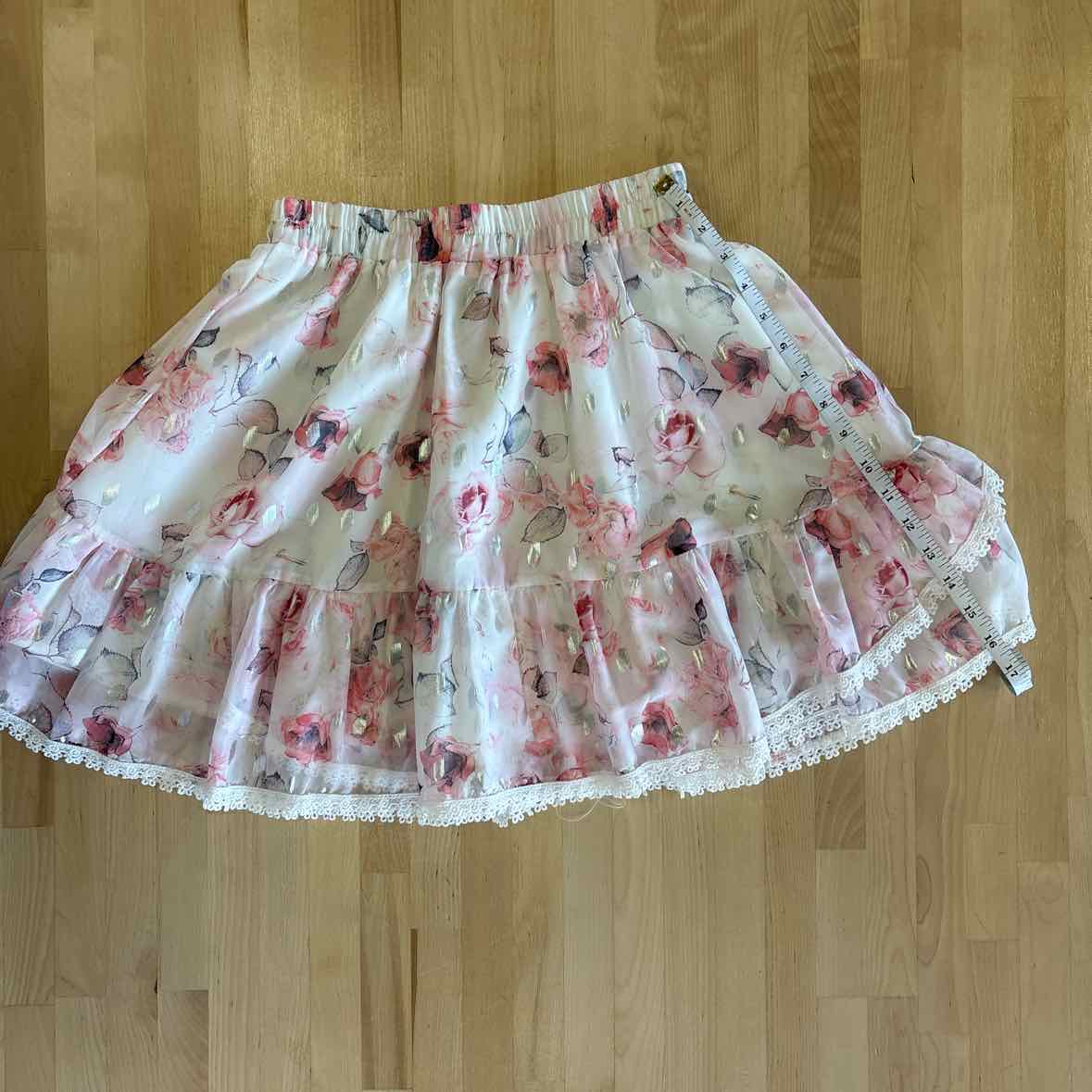 Beulah Size M Pink Print 2 pc Cascade Ruffle Neck Bishop Sleeve Top & Skirt NWT