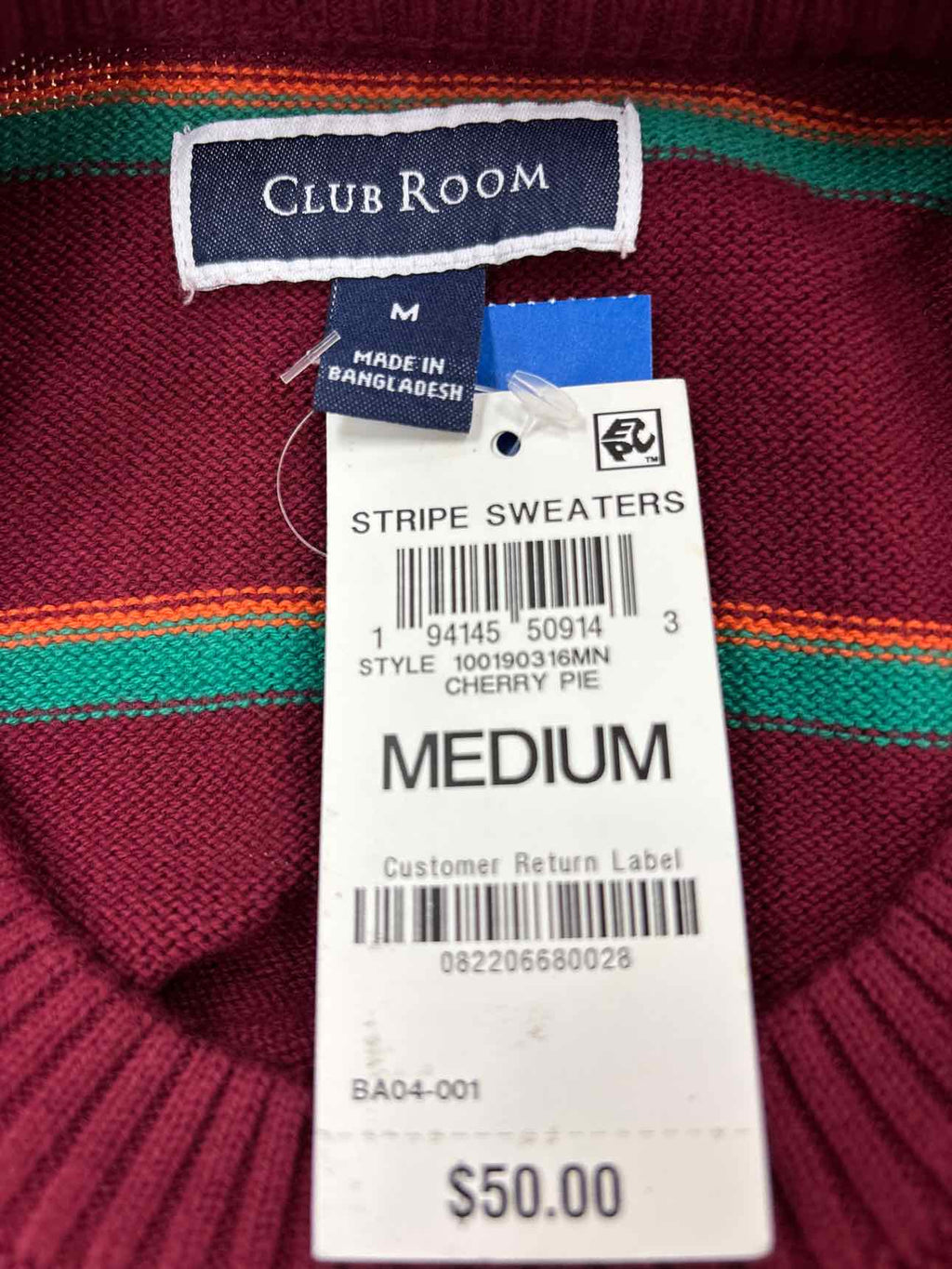 Male Club Room Men's Size M Burgundy Prep Stripe Sweater- Cherry Pie