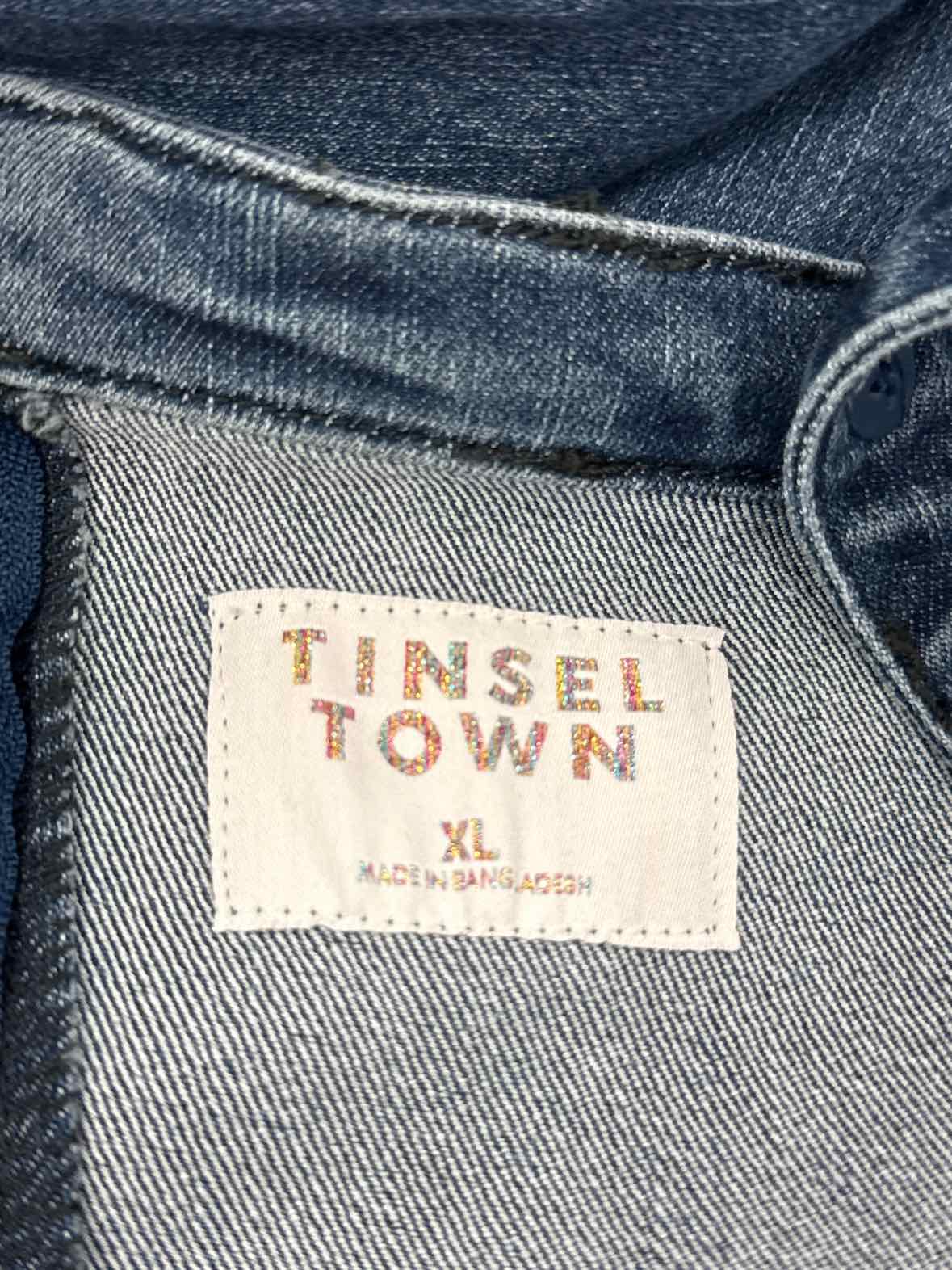 TINSELTOWN Size XL Juniors' Belted Denim Jumpsuit with Ruffle - Dark Wash