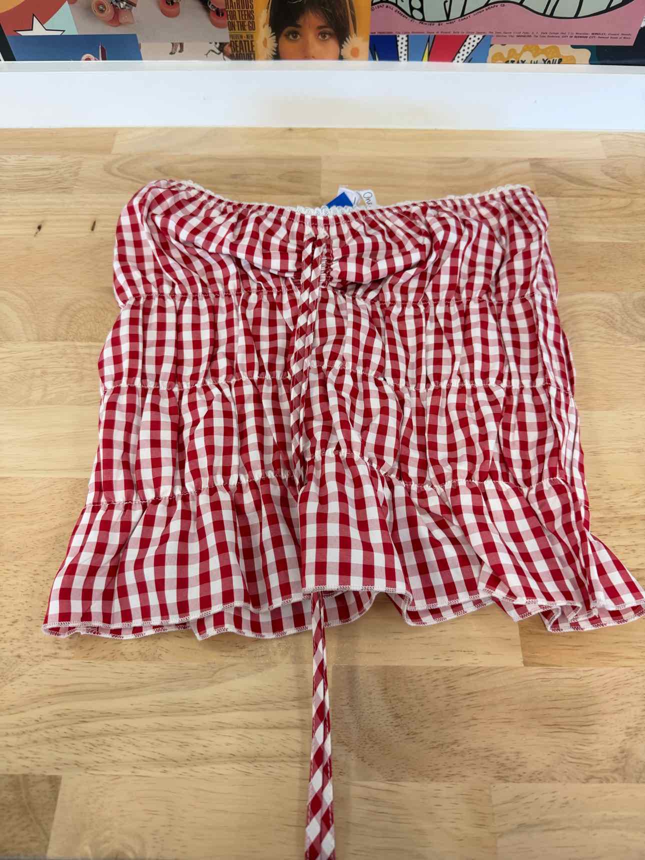 Rebellious One Size M Gingham Shirred Strapless Top - High Risk Red