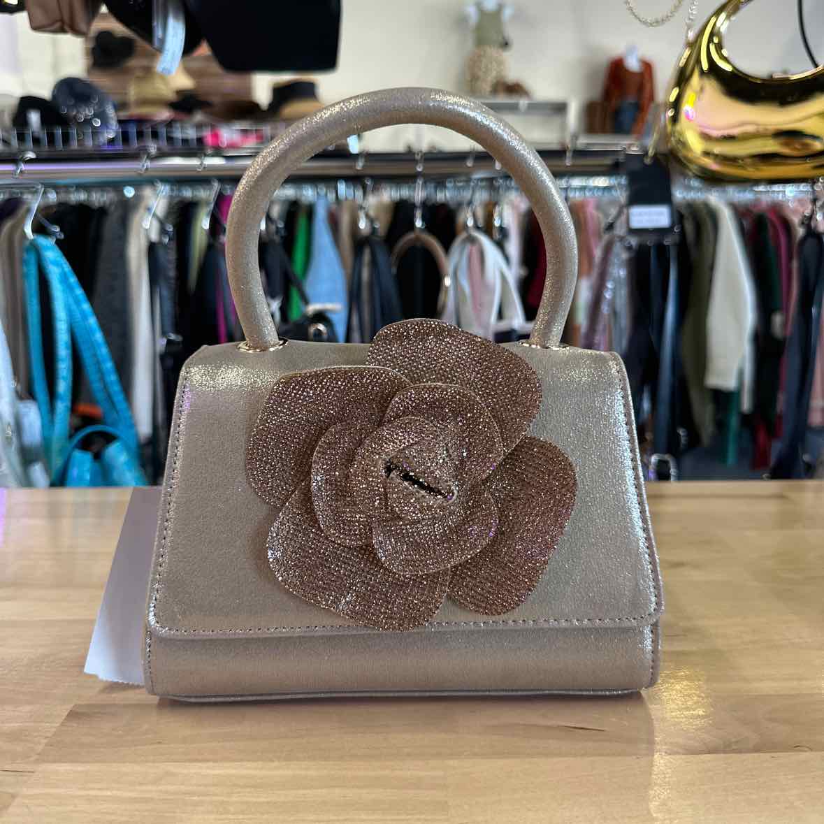 Nina Crystal Flower Embellished Metallic Satchel Bag - Taupe