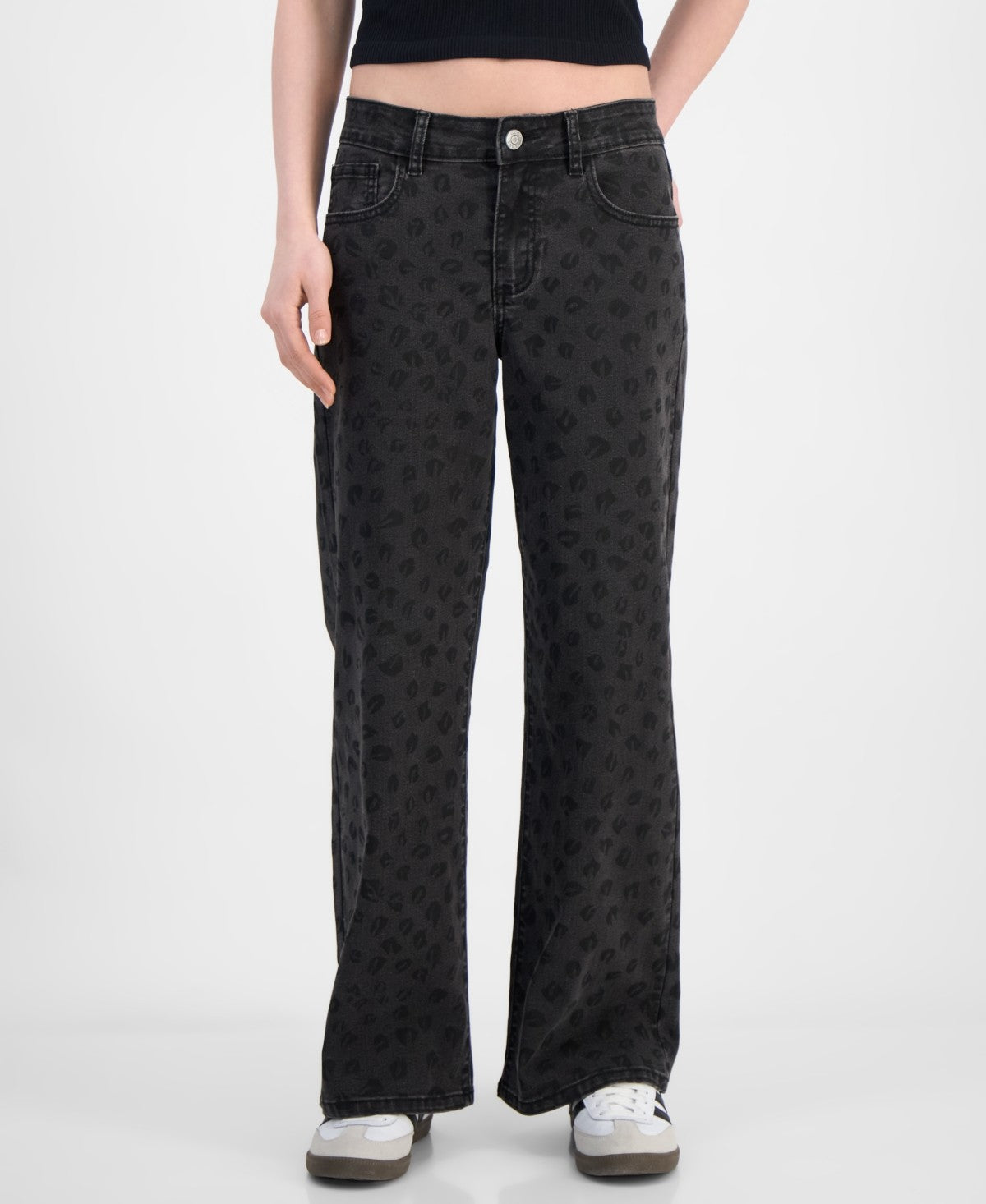 Gogo Jeans Size 11 Tonal Leopard-Print Wide-Leg Jeans - Black