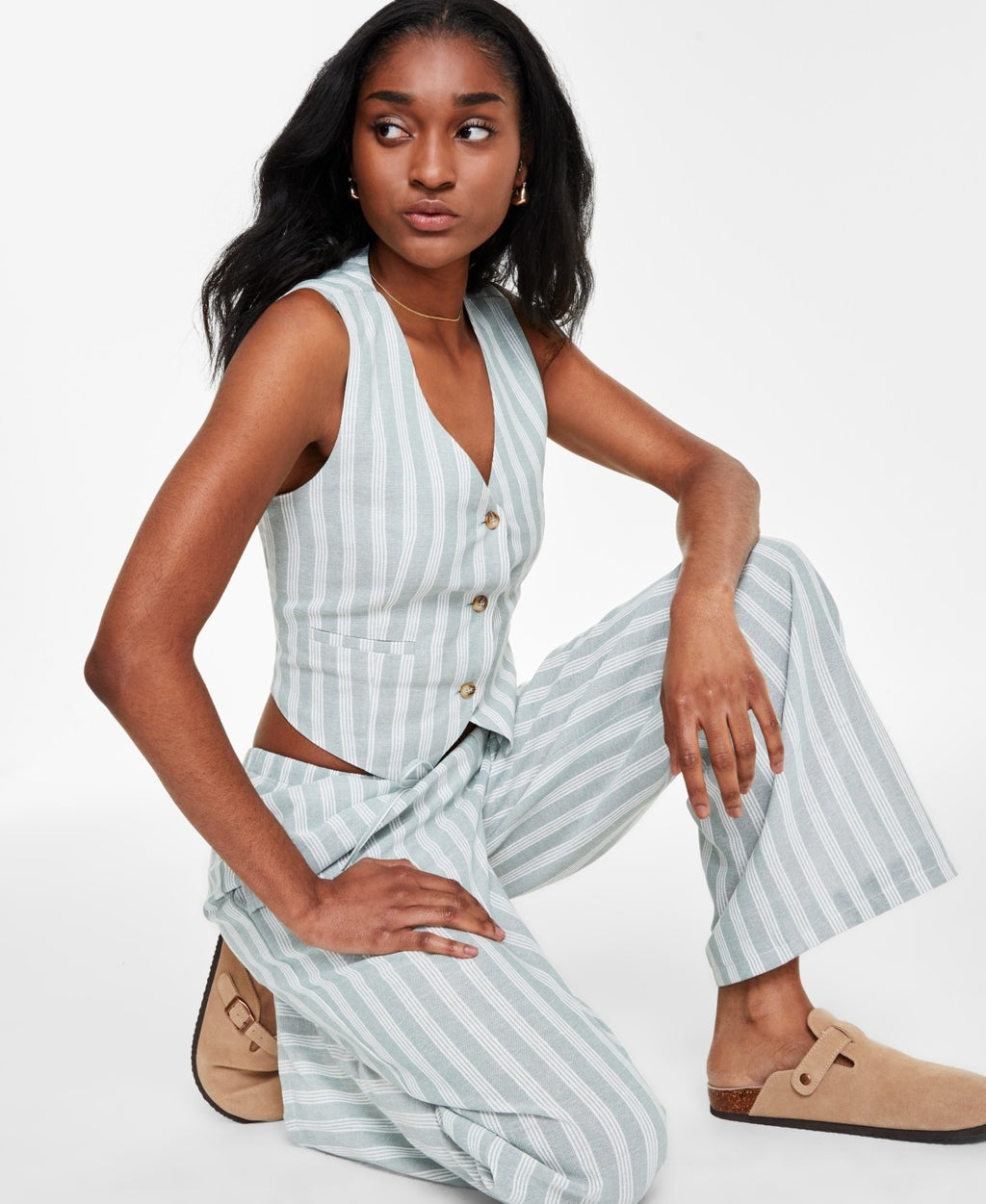 Hippie Rose Juniors' Sleeveless Linen Vest - Blue Stripe